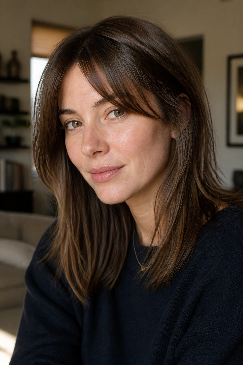 Close-up portrait of a real person with grown-out baby bangs blending into a soft layered cut