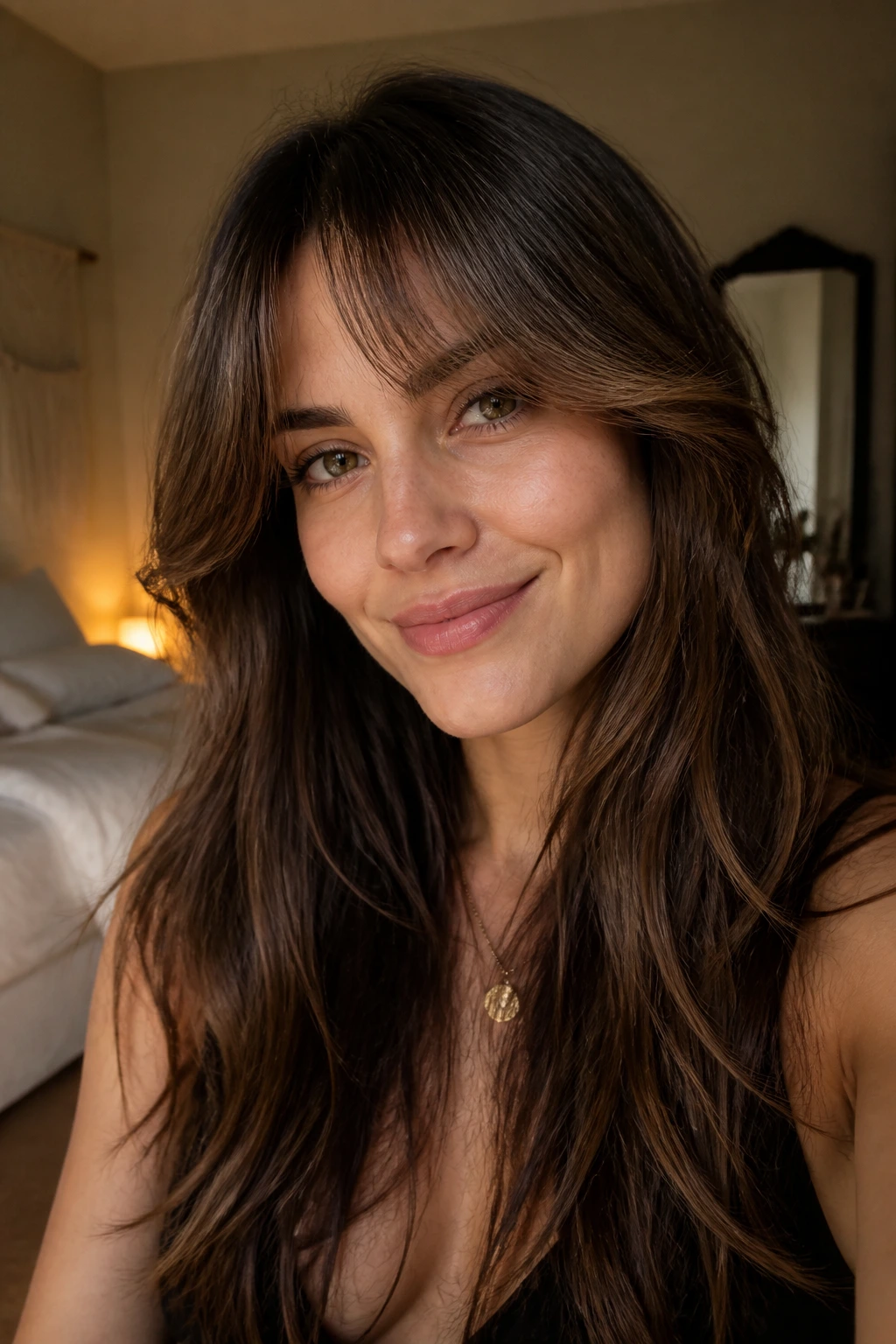 Close-up portrait of a real woman with grown-out feathered bangs blending into long hair, natural window light.