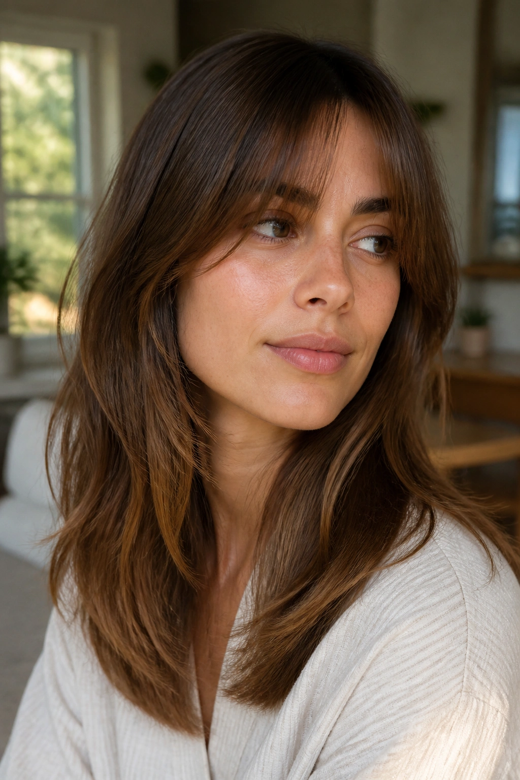 Close-up portrait of a real person with grown-out bangs blending into layers