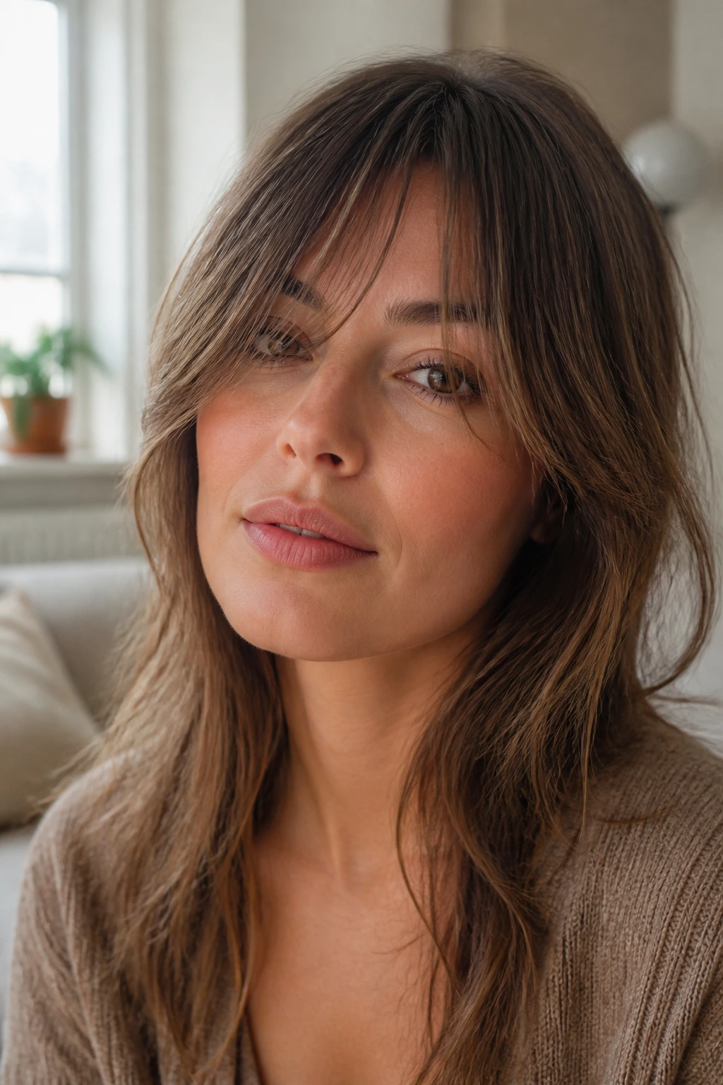Real person with grown-out bangs resting around the cheekbone in soft daylight.