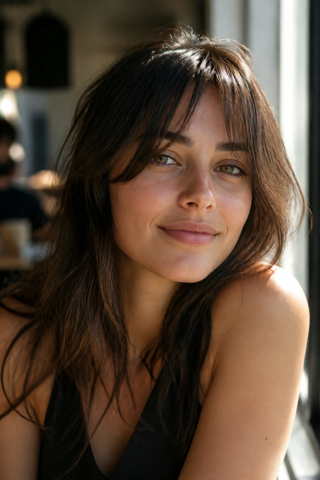 Close-up portrait of real person with grown-out bangs in sunlit cafe