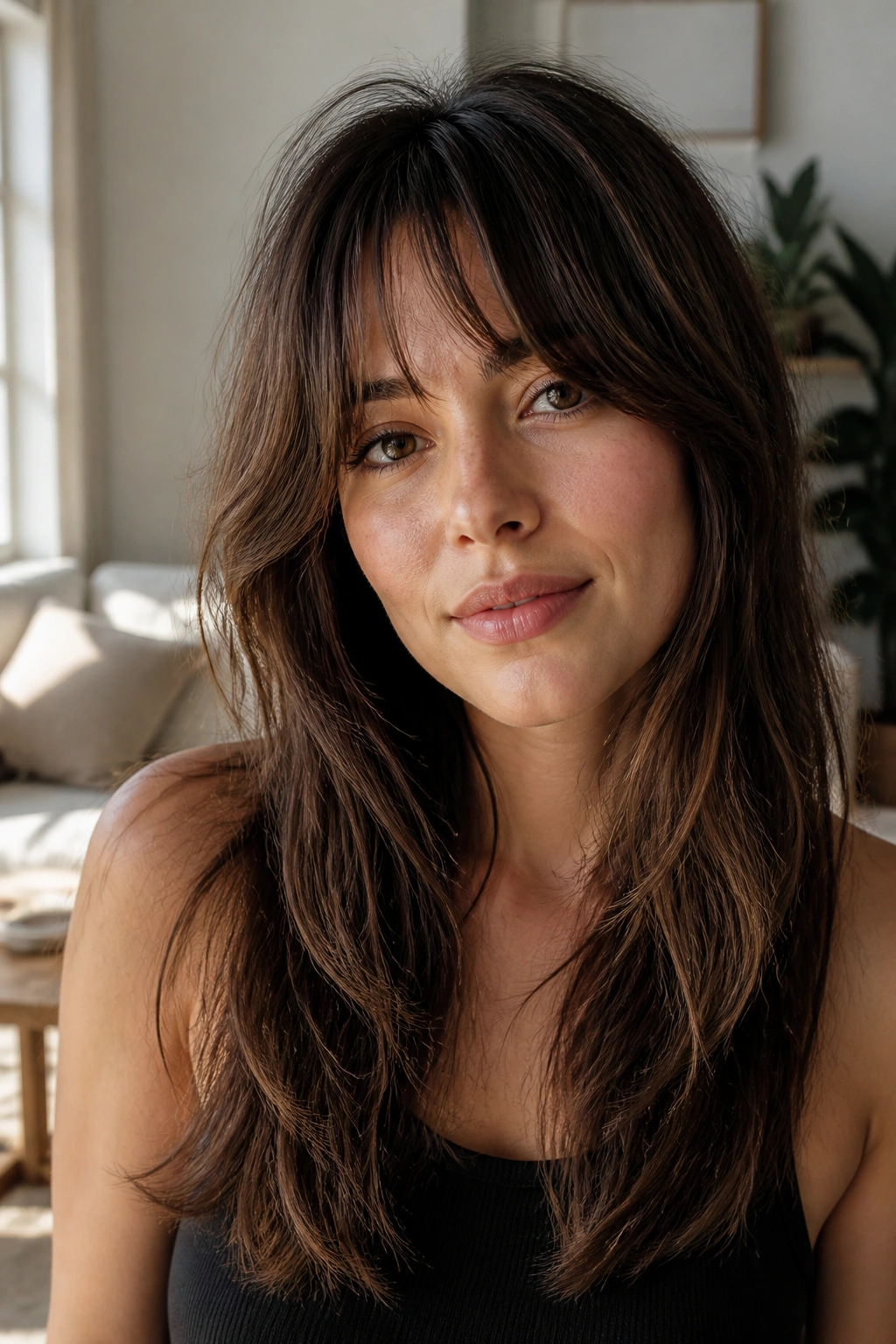 Close-up portrait of a real woman with grown-out bangs in a thick long shag