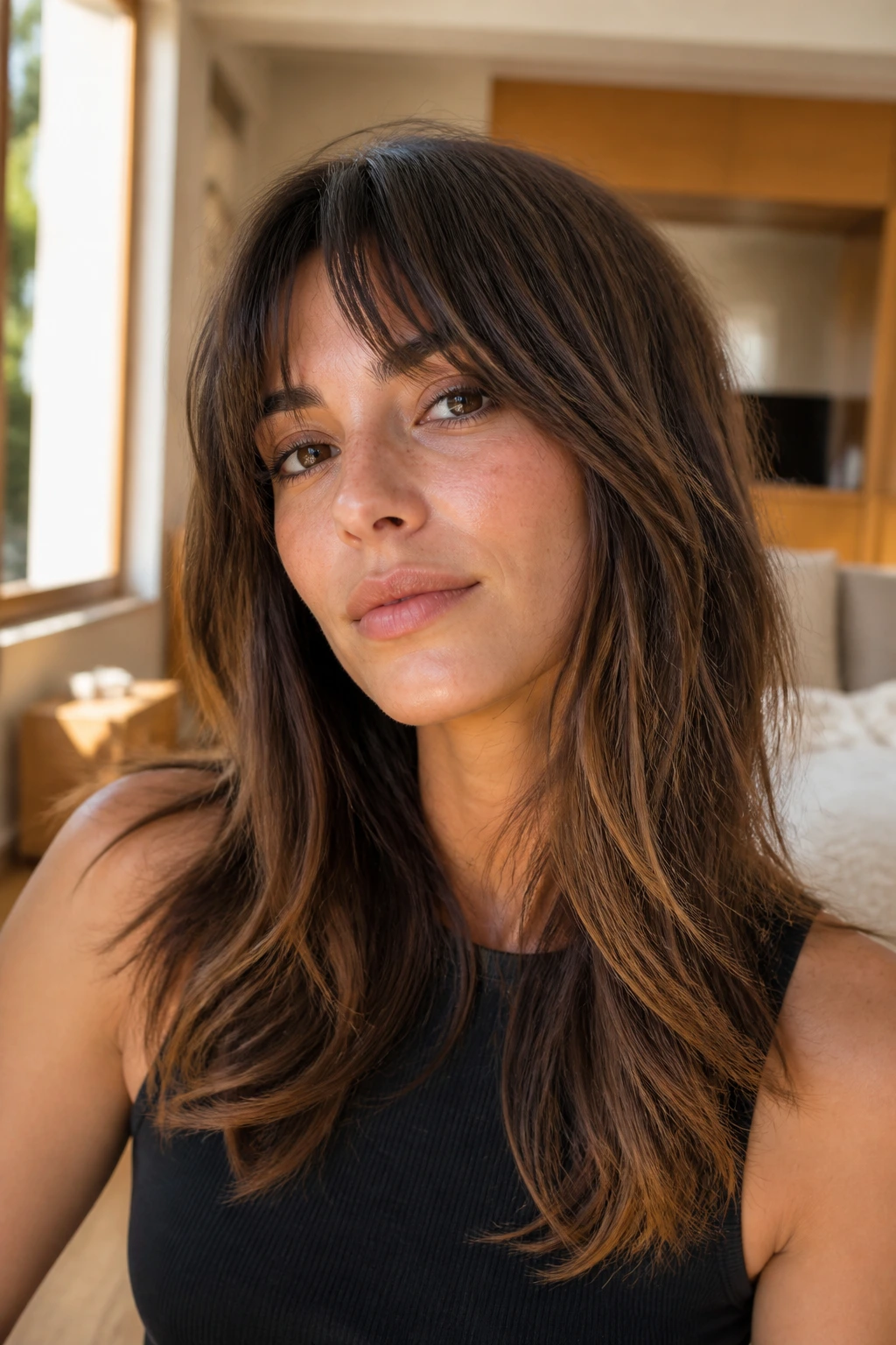 Close-up of a real woman with grown-out bangs blending into long wolf cut