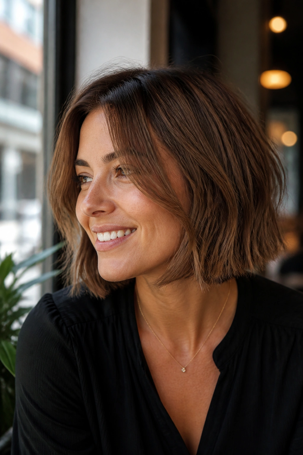 Close-up of grown-out bob with face-framing pieces on a real woman in daylight