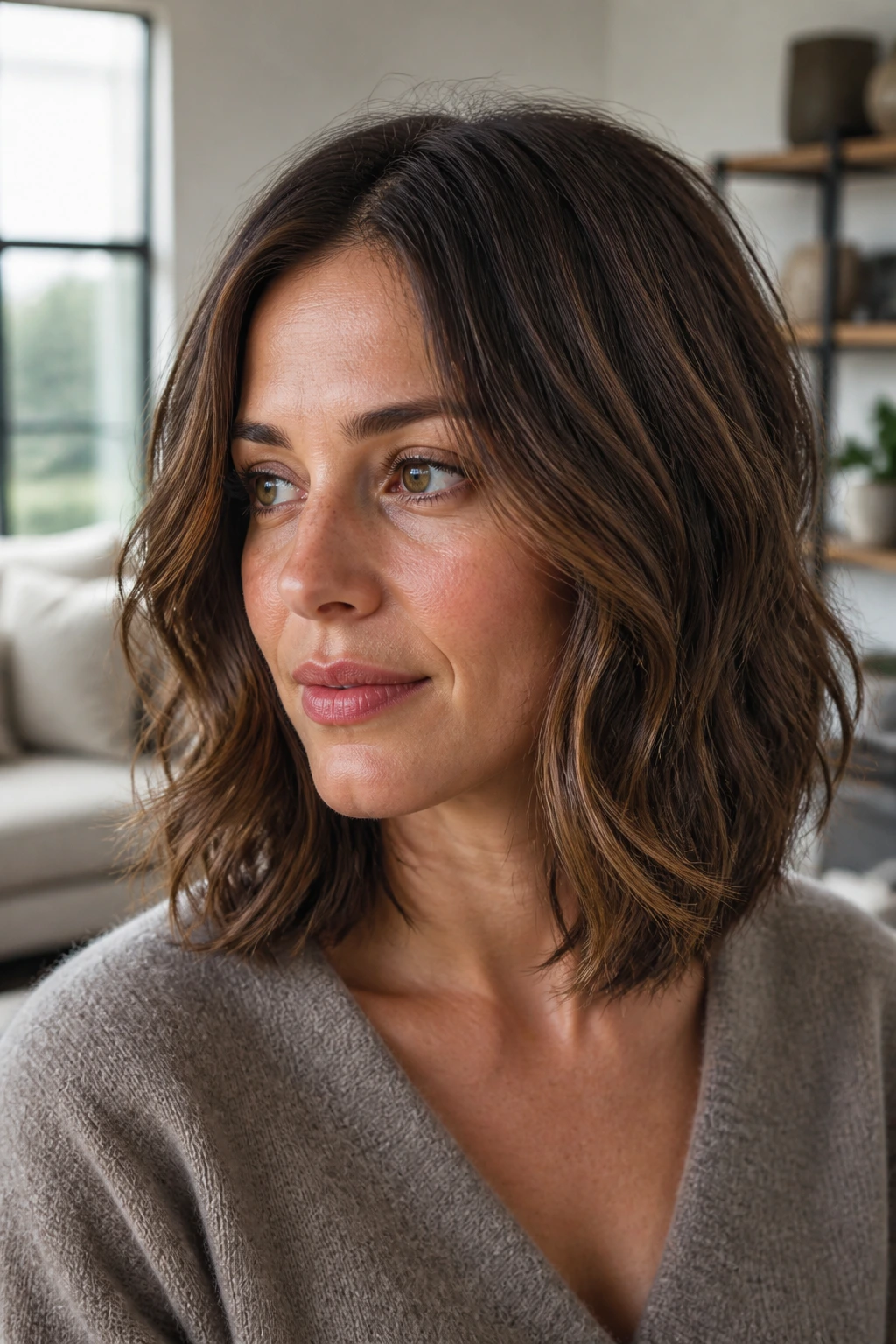 Portrait of a real woman with a grown-out bob and soft S-curve layers in bright daylight.