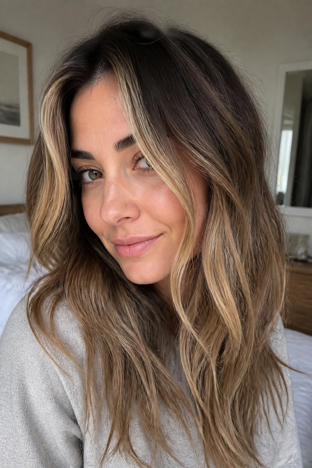Real person with grown-out chunky blonde highlights and natural roots.