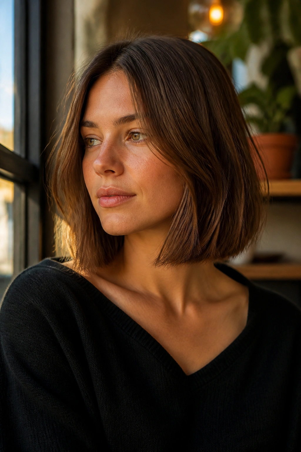 Close-up portrait of a woman with a grown-out collarbone French bob in warm light