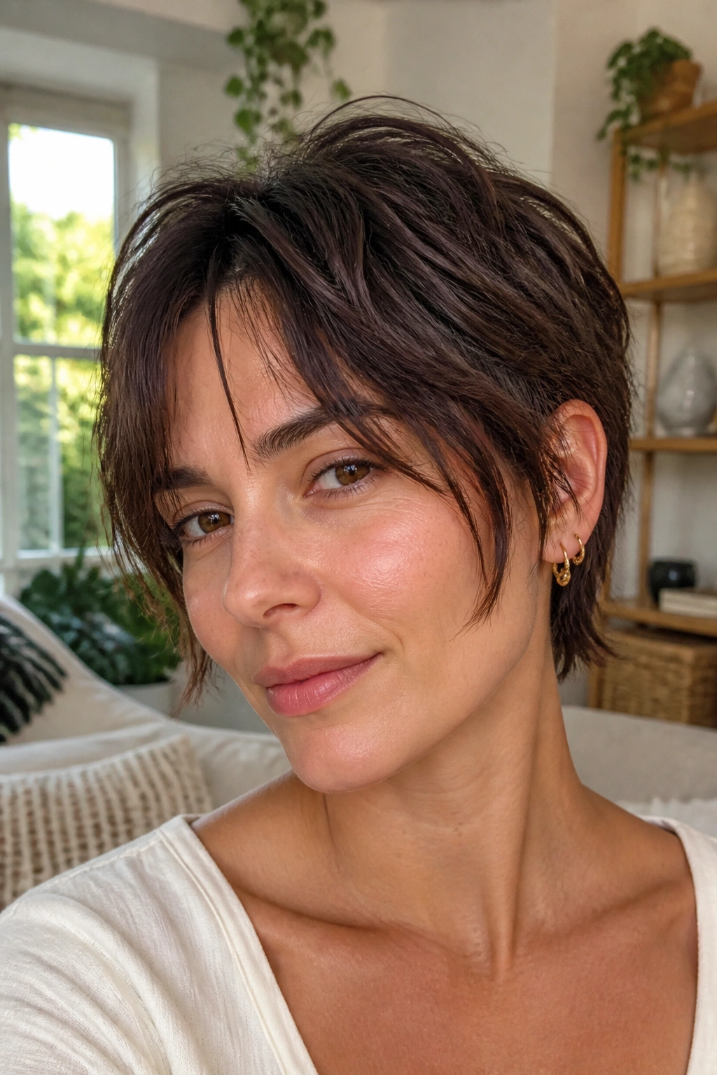Real person with grown-out crop and face-framing pieces