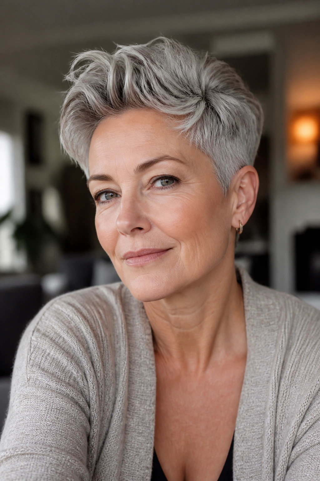 Close-up portrait of a real woman with a grown-out crop featuring volume on top and gray hair.