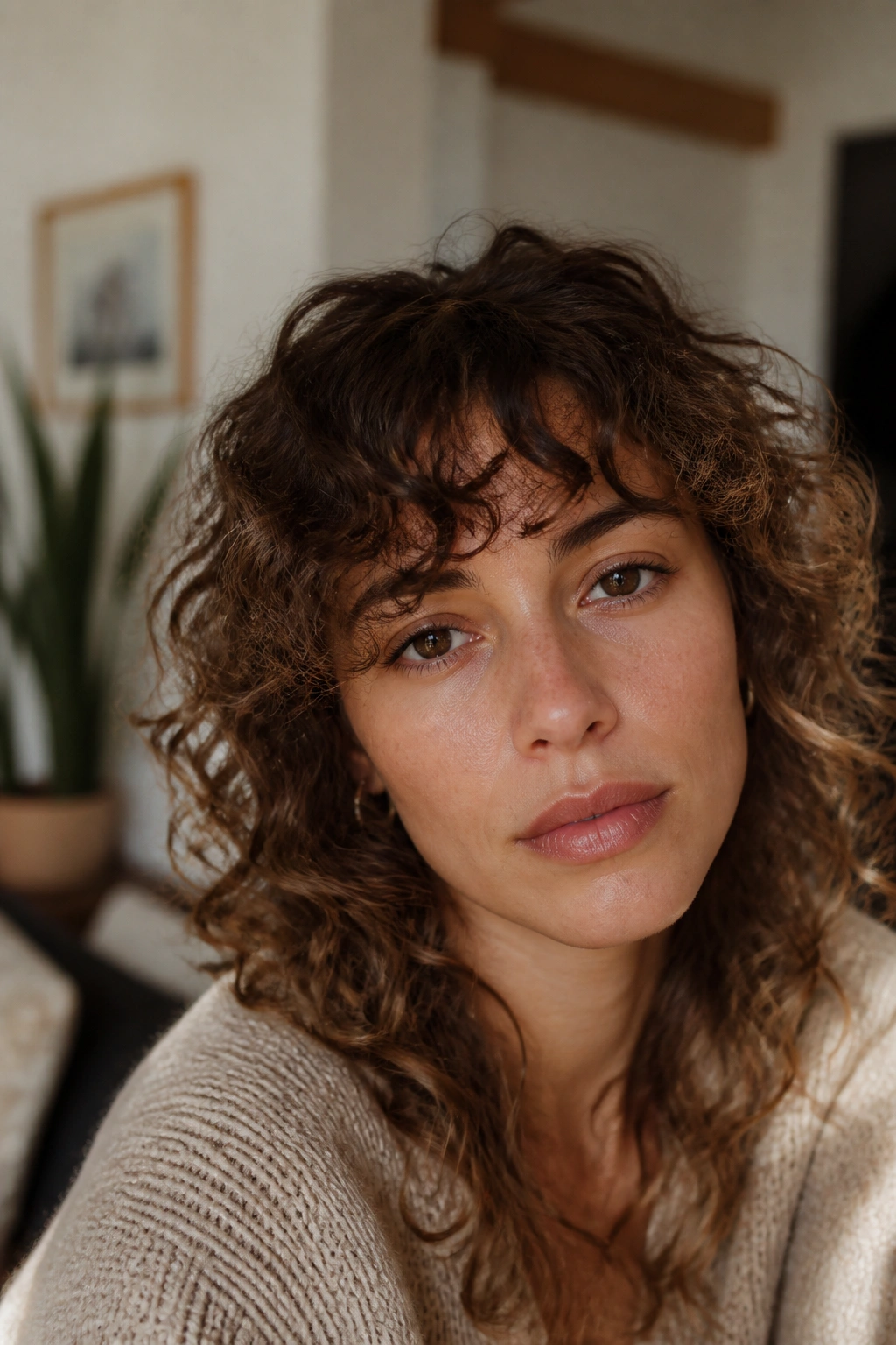 Close-up of a woman with grown-out curly bangs blending into front layers in a home setting