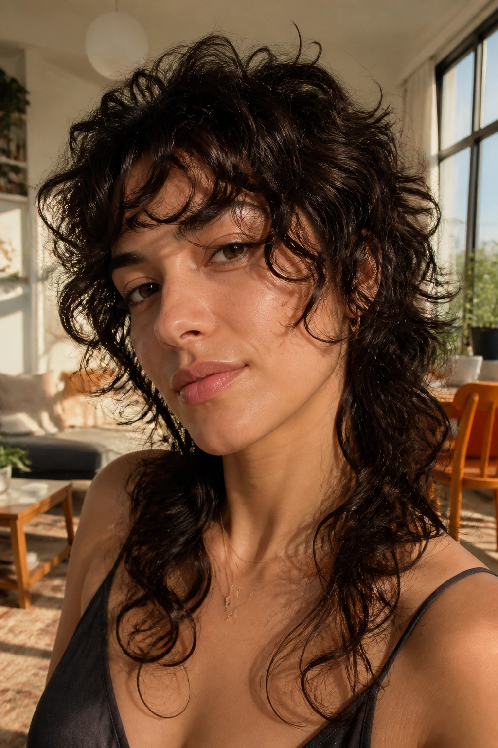 Close-up portrait of a real person with grown-out curly mullet and face-framing layers
