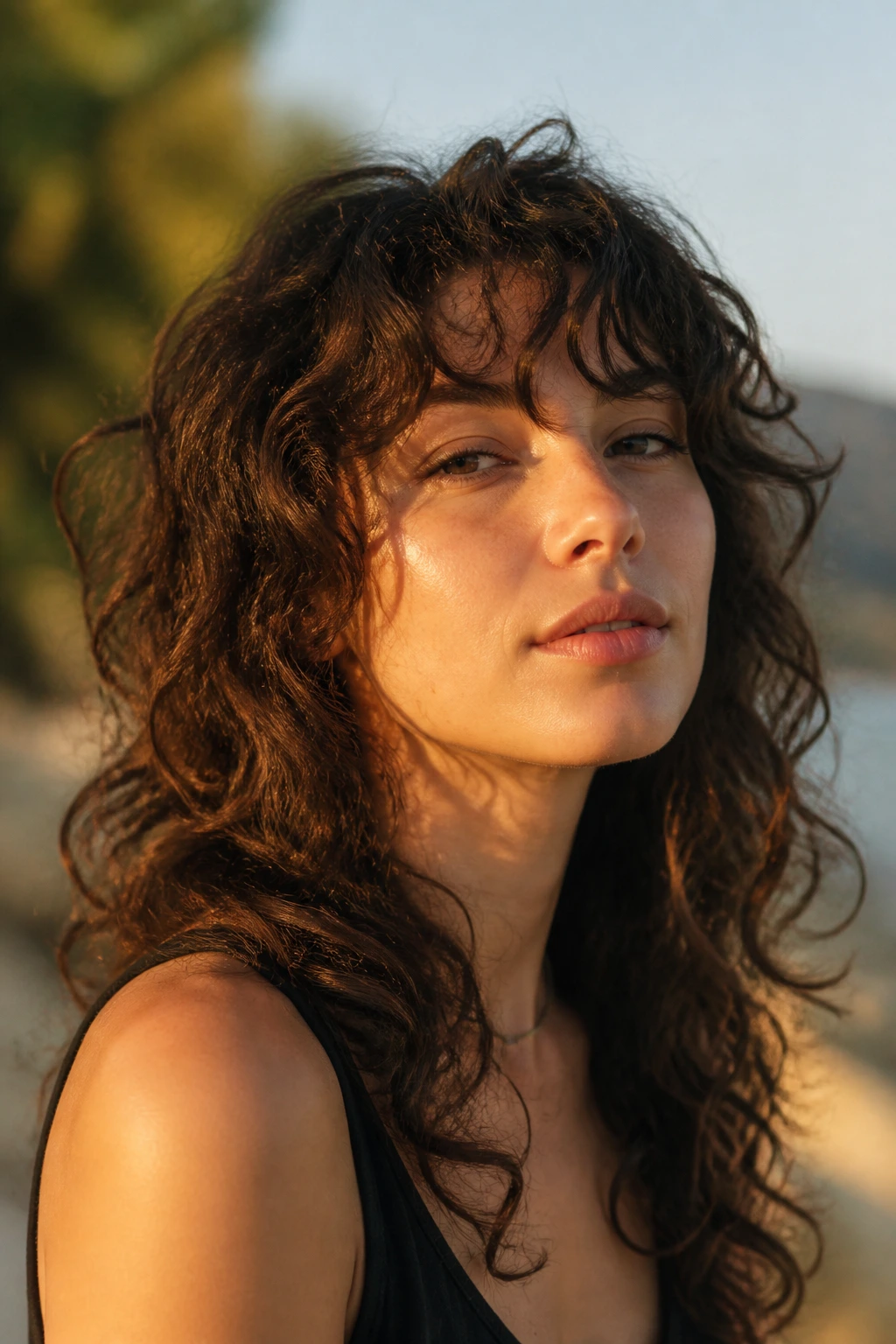Close-up of real woman with grown-out curly shag in golden hour outdoors.