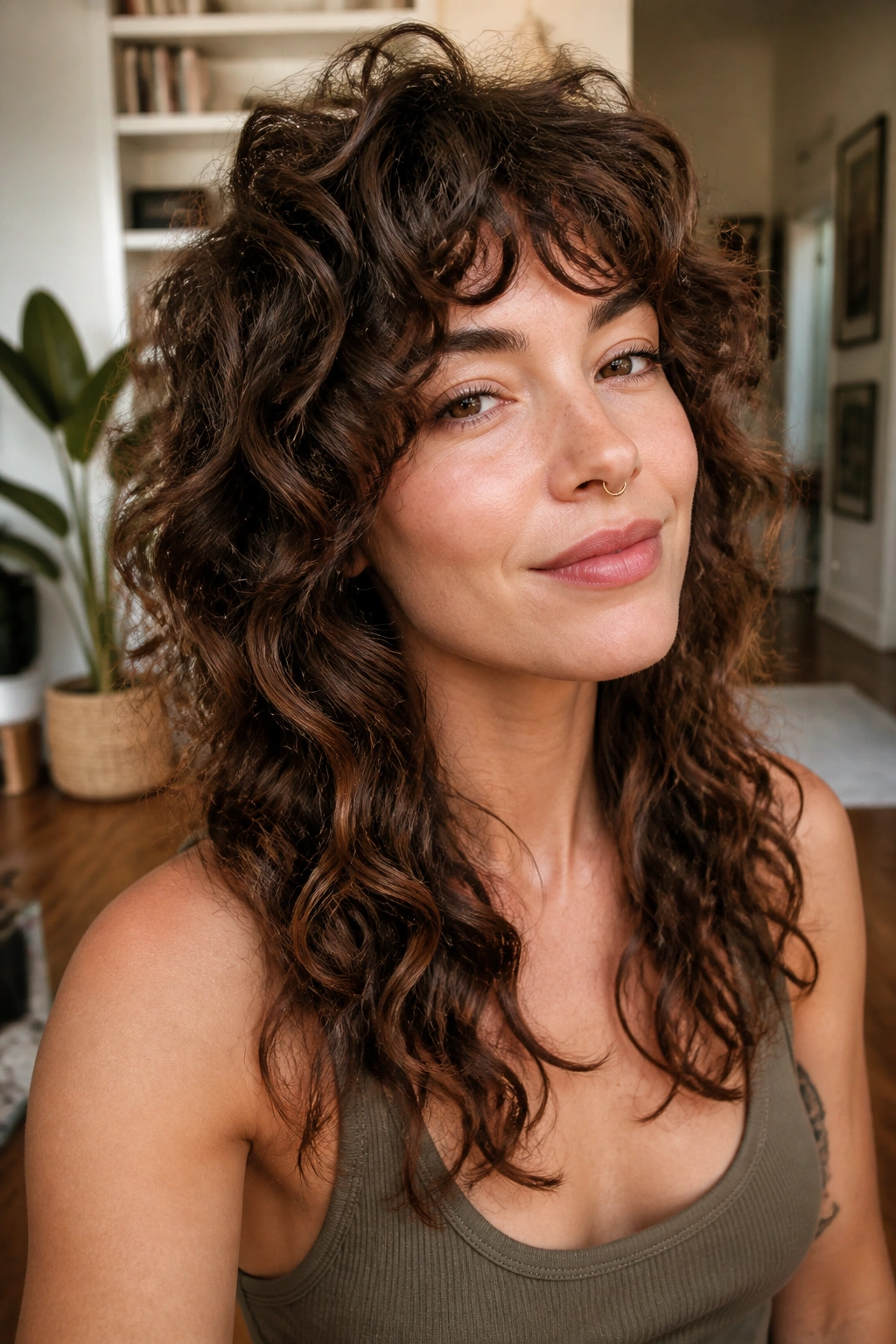 Close-up portrait of a real woman with a grown-out curly wolf cut showing lifted crown, soft fringe, and longer back pieces in warm window light