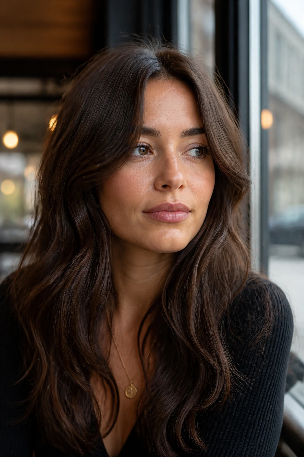 Portrait of a real person with grown-out curtain bangs and center-parted waves