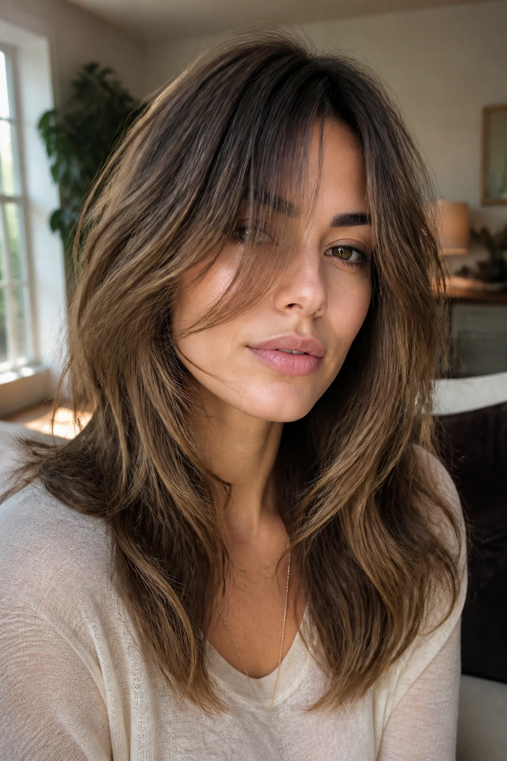 Real woman with grown-out curtain bangs blending into mid-length hair under soft daylight.