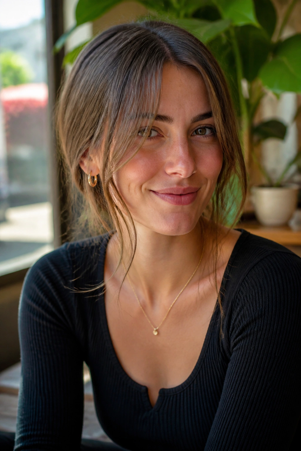 Close-up portrait showing grown-out face-framing bangs around the cheeks