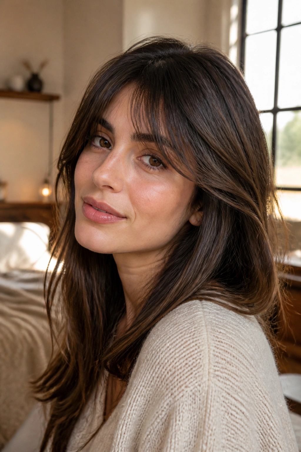 Portrait of a person with grown-out feathered bangs looking relaxed.