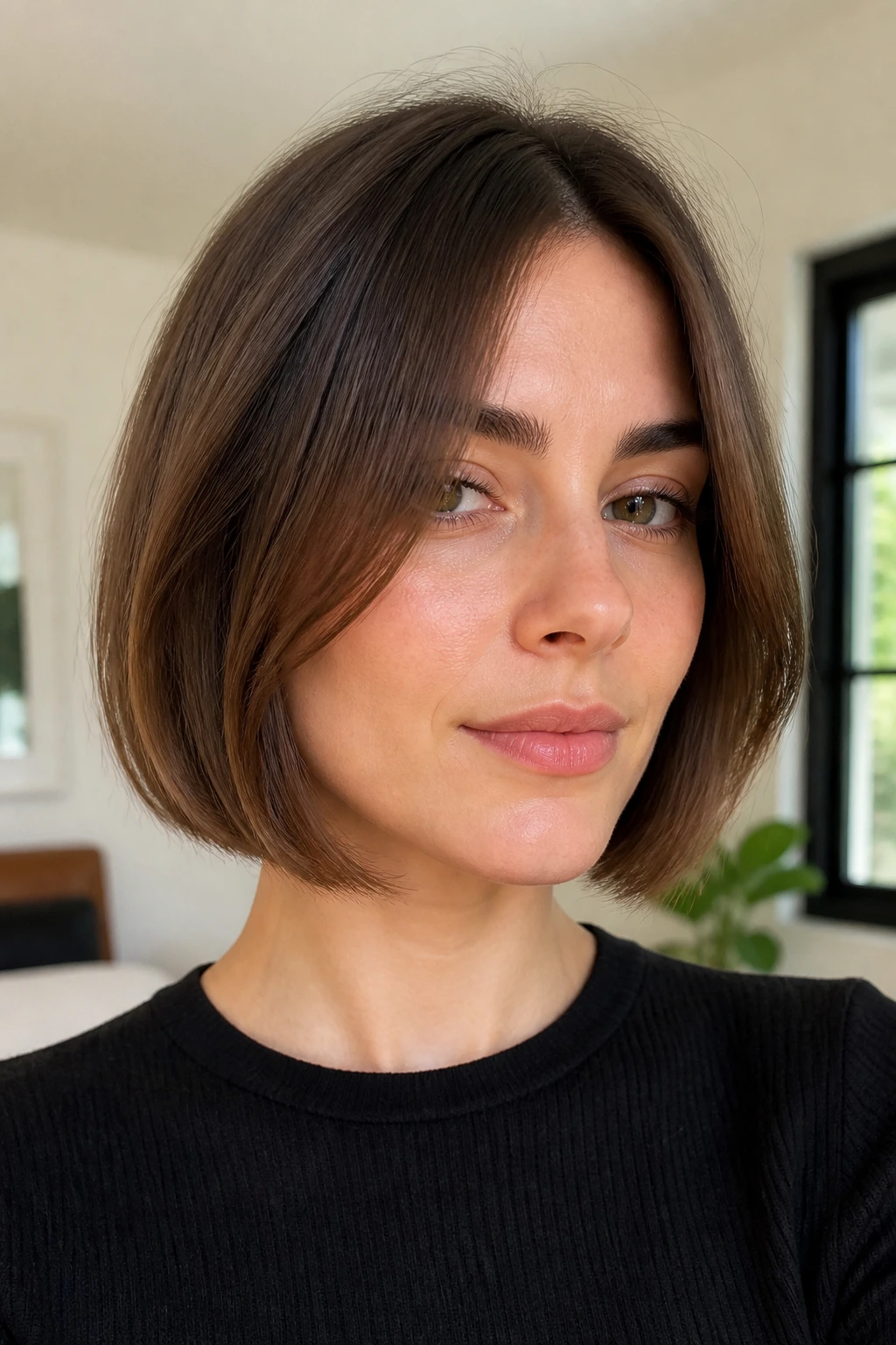 Close-up portrait of a real woman with a grown-out French bob just below the chin