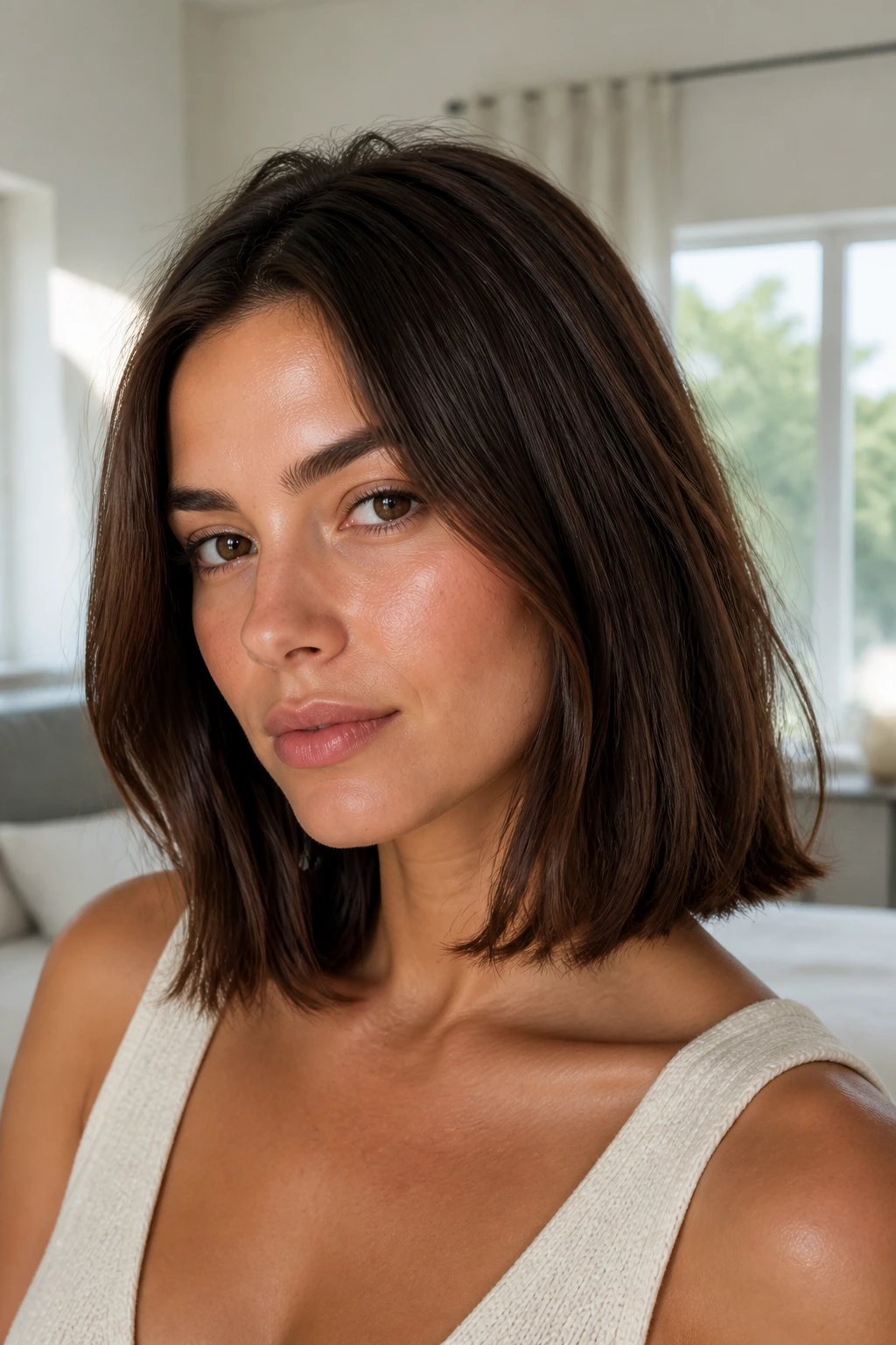 Portrait of a real woman with collarbone-length French bob and soft end bend.