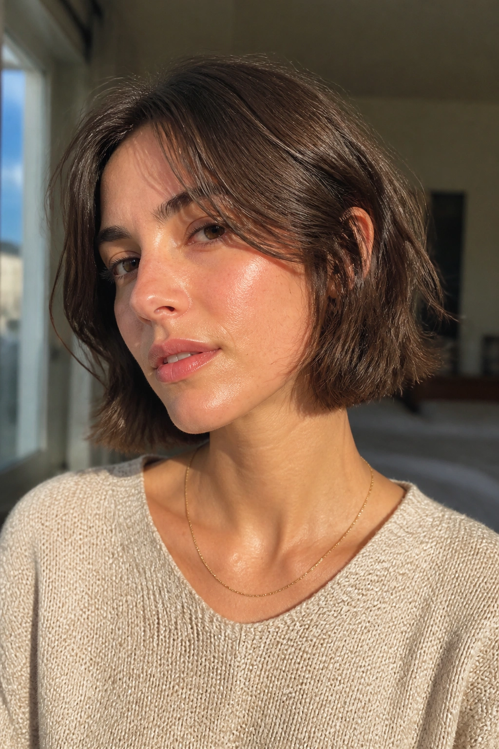 Close-up of a real woman with grown-out French bob in natural light