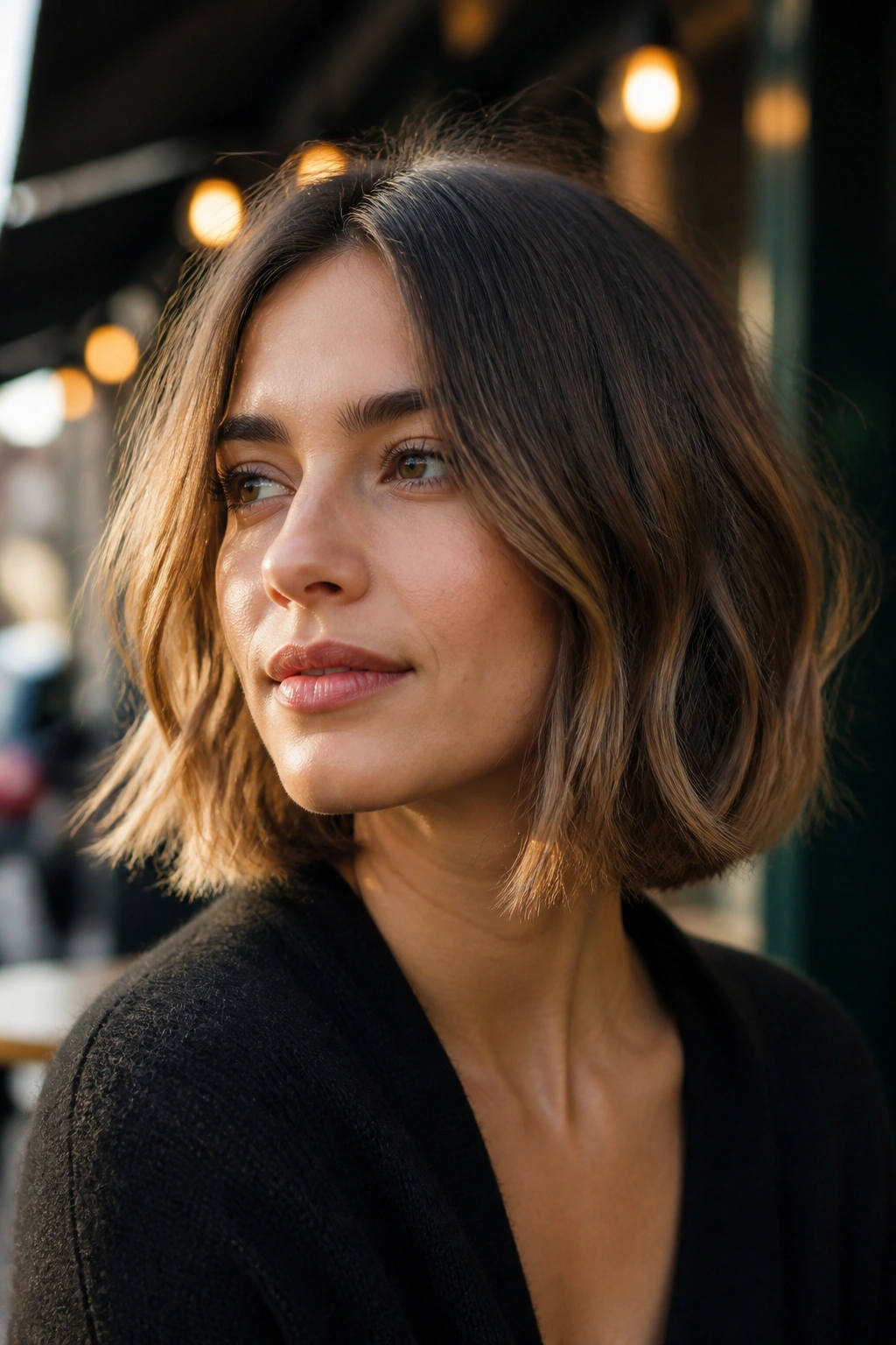 Close-up of real woman with grown-out French bob near collarbone