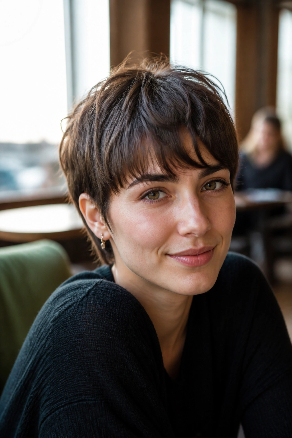 Close-up of a woman with grown-out gamine cut featuring longer fringe