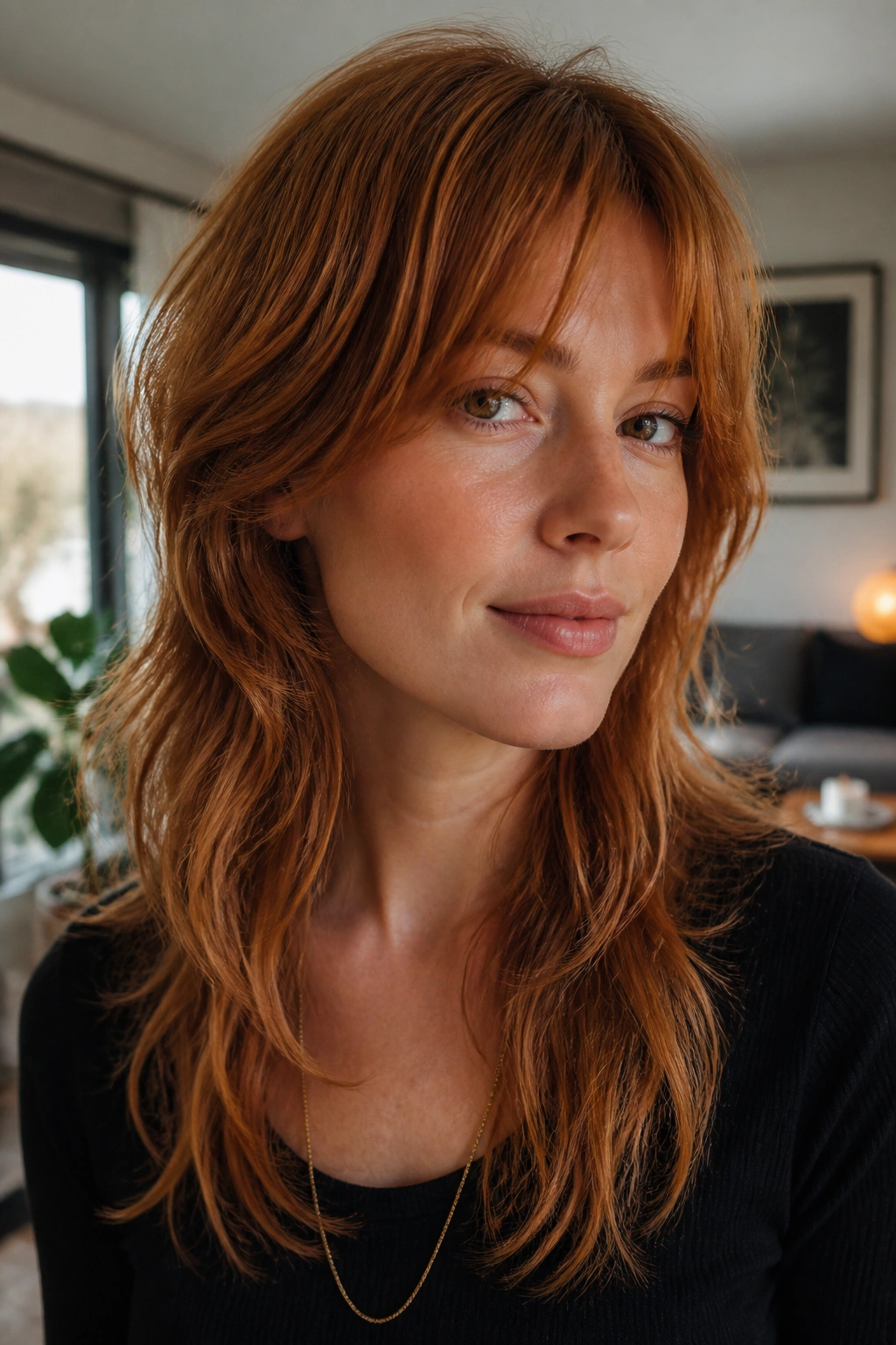 Close-up of a real woman with a grown-out ginger wolf cut and soft silhouette
