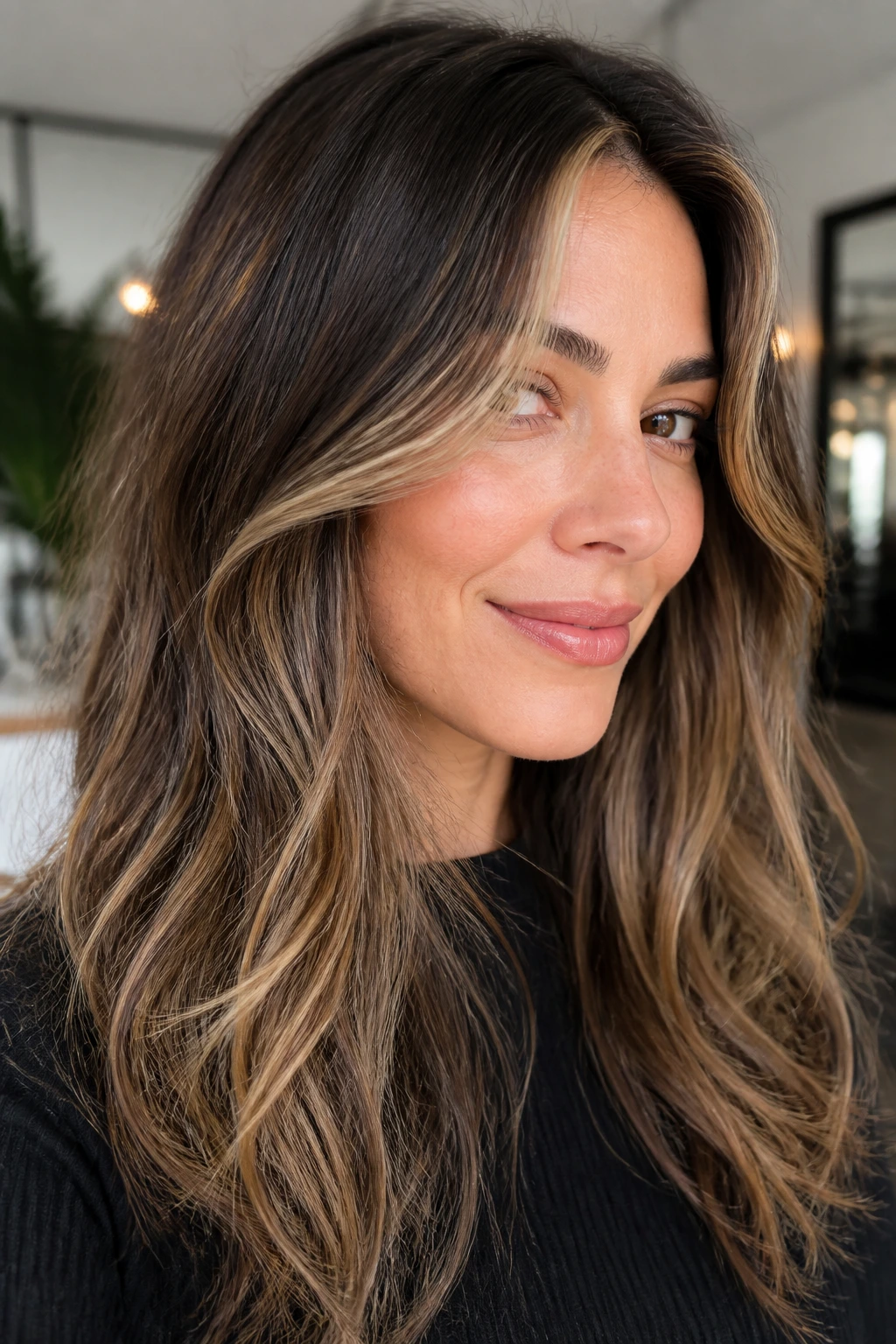 Real woman with grown-out chunky highlights fading into base