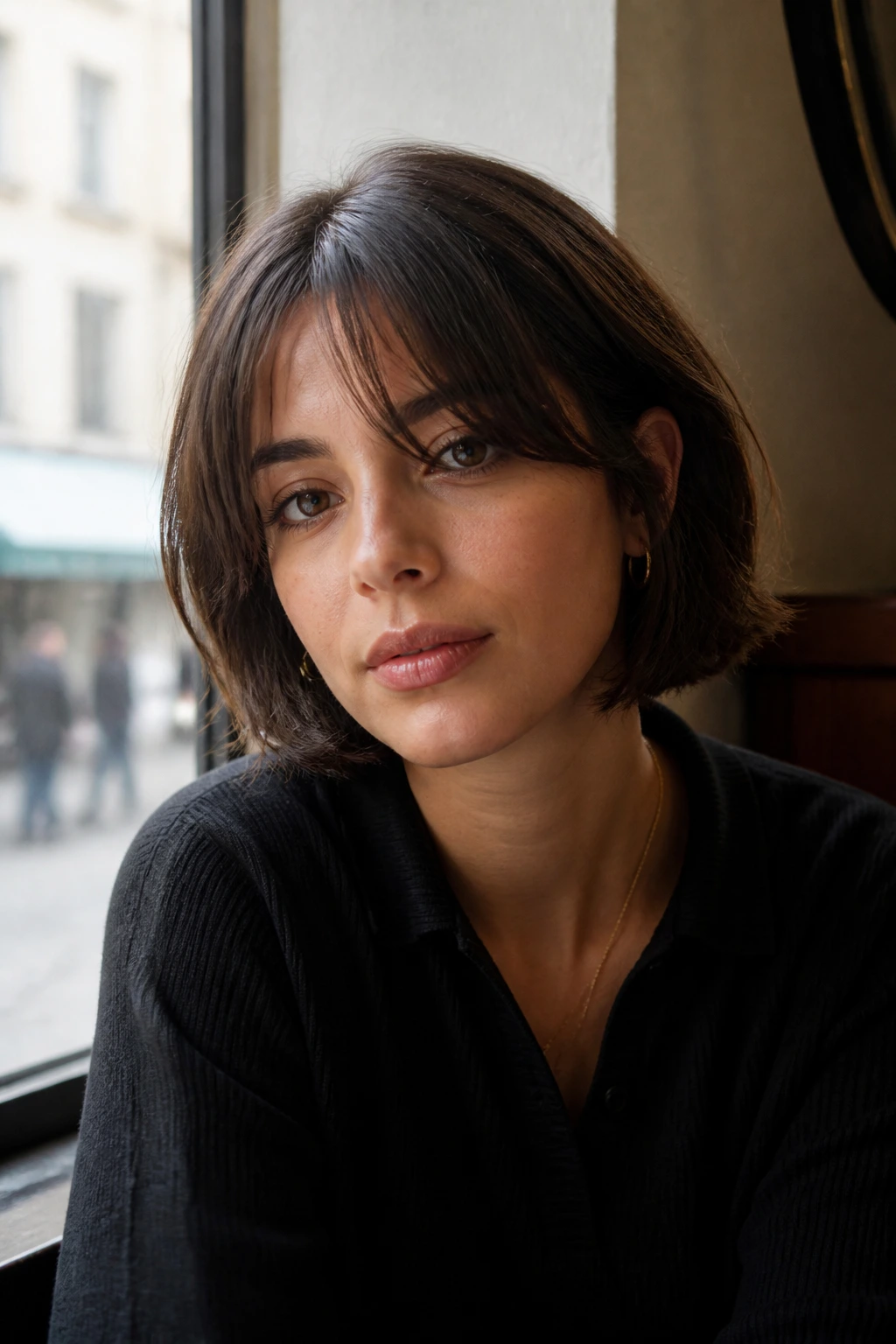 Close-up of a woman with grown-out Italian bob and soft center bangs at a cafe window