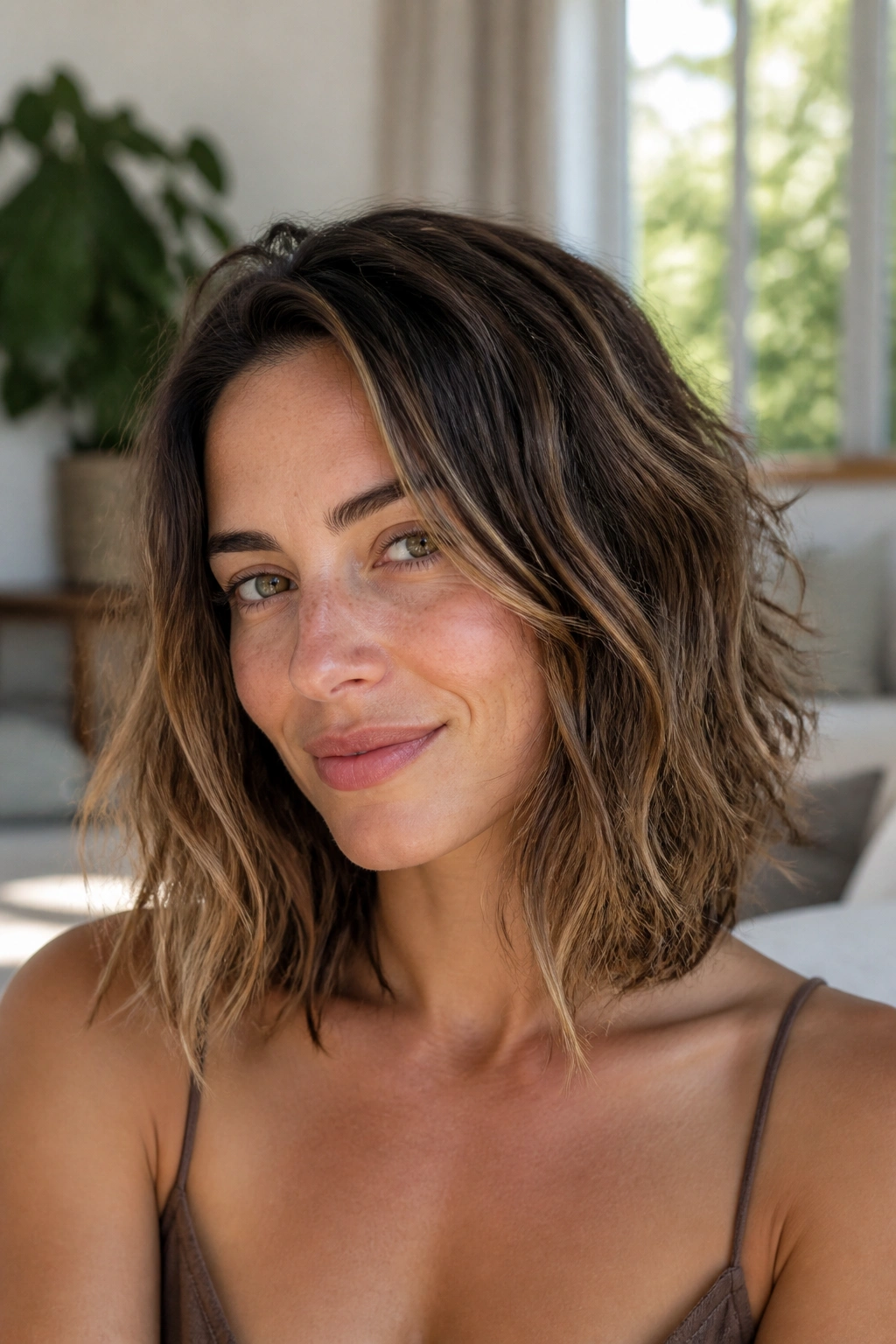 Portrait of a real woman with grown-out layers and scrunched texture on shoulder-length hair.