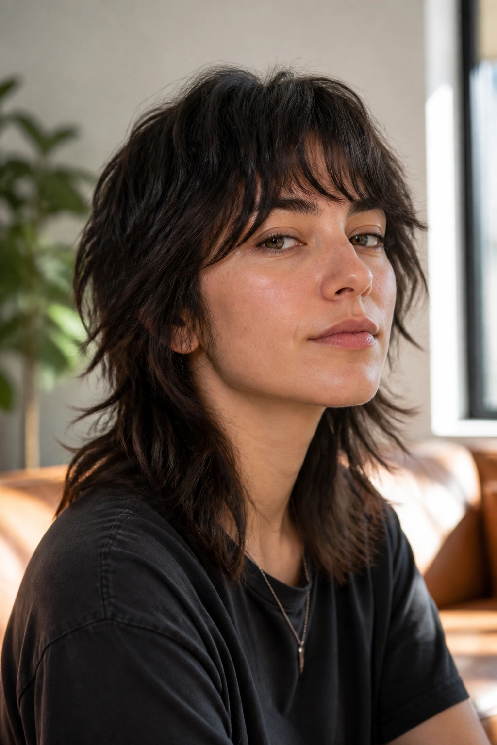 Close-up portrait of a real woman with grown-out mullet in sunlit living room