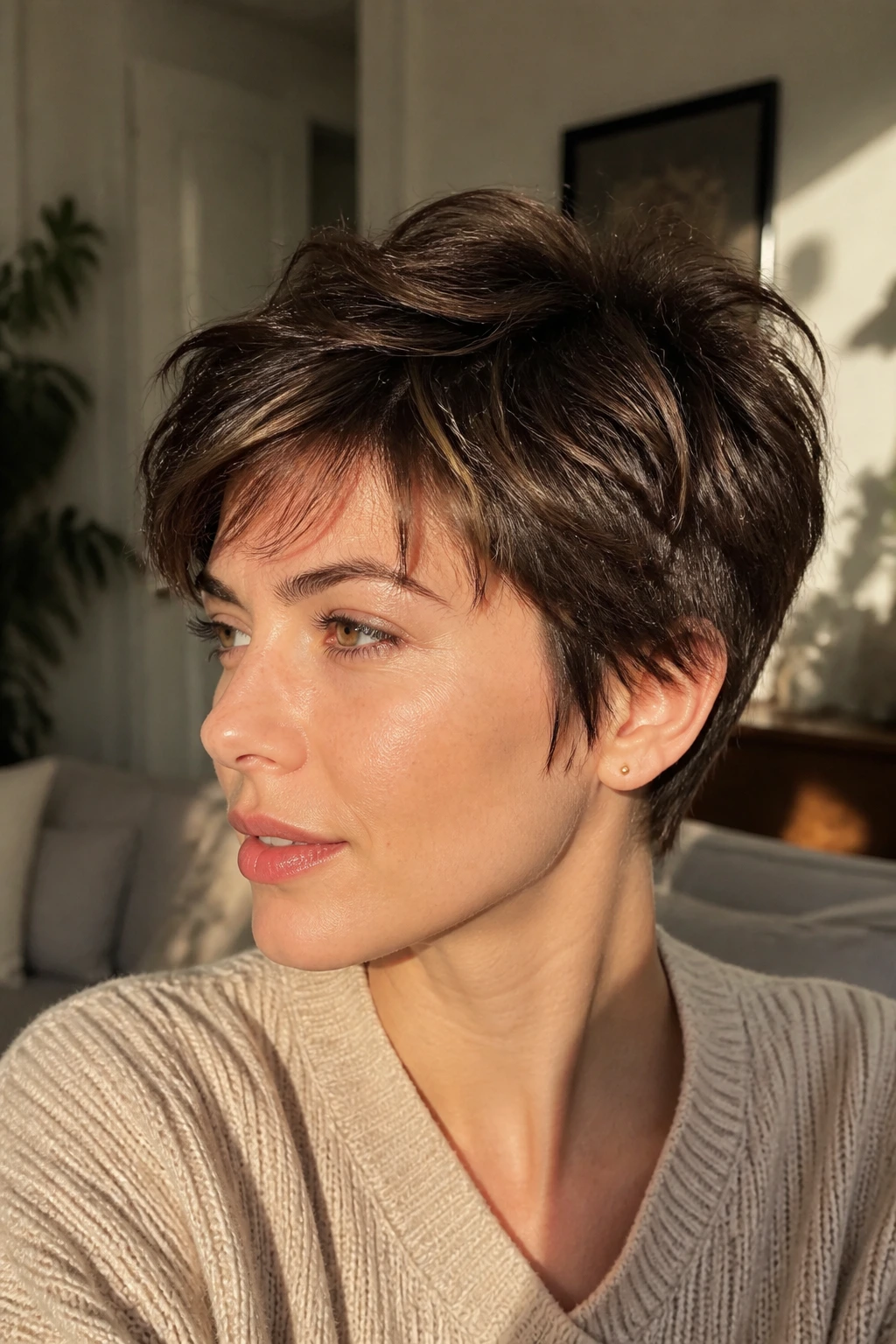 Close-up portrait of a real woman with a grown-out pixie