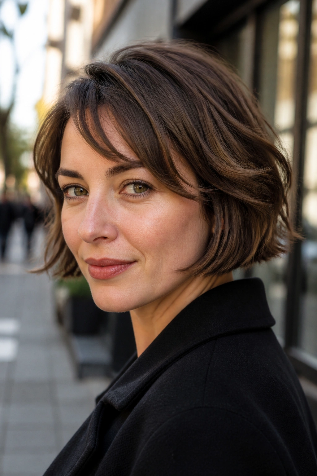 Portrait of a real woman with grown-out pixie transitioning into a bob outdoors
