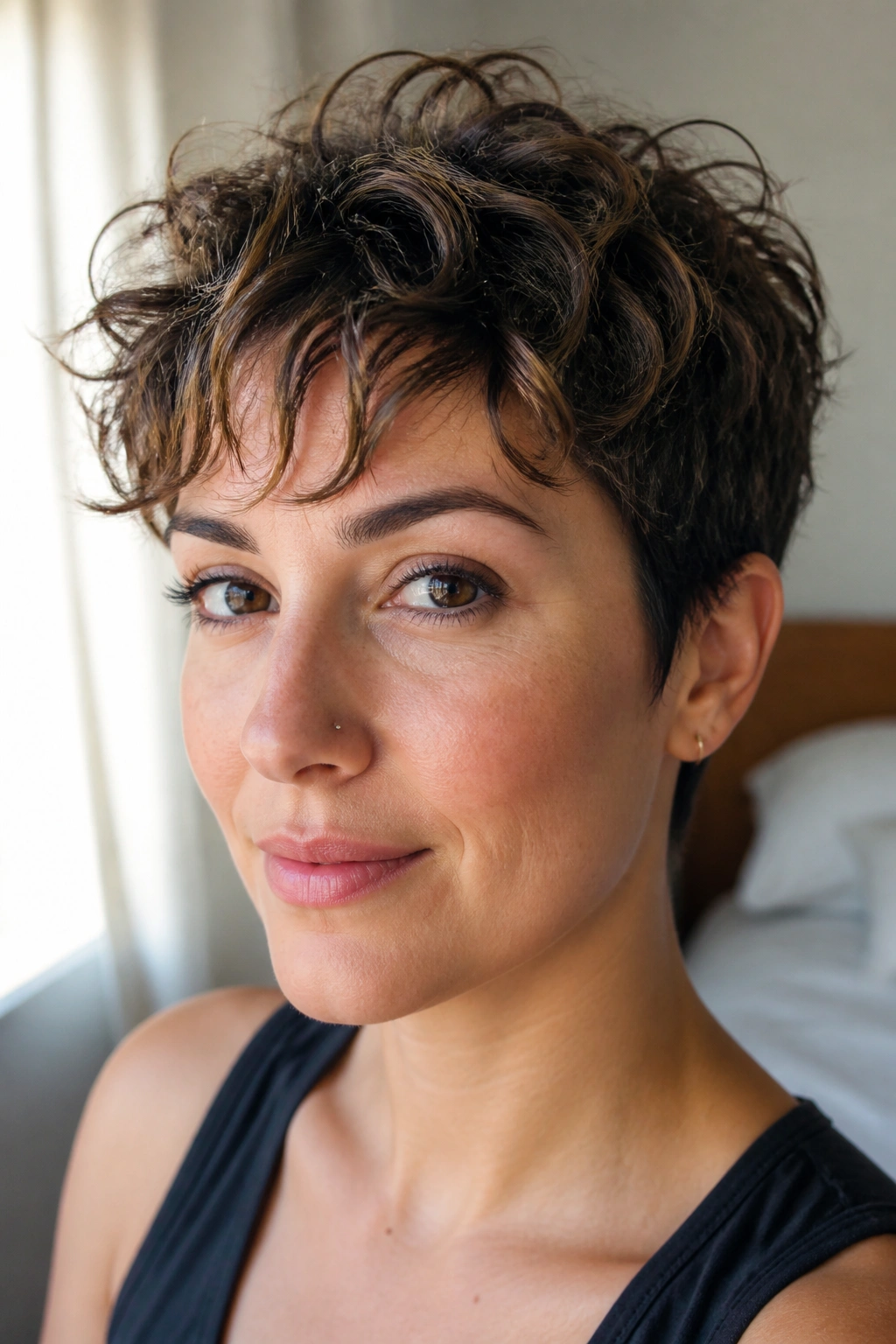 Close up of a real person with a grown-out pixie and piecey curls near a window