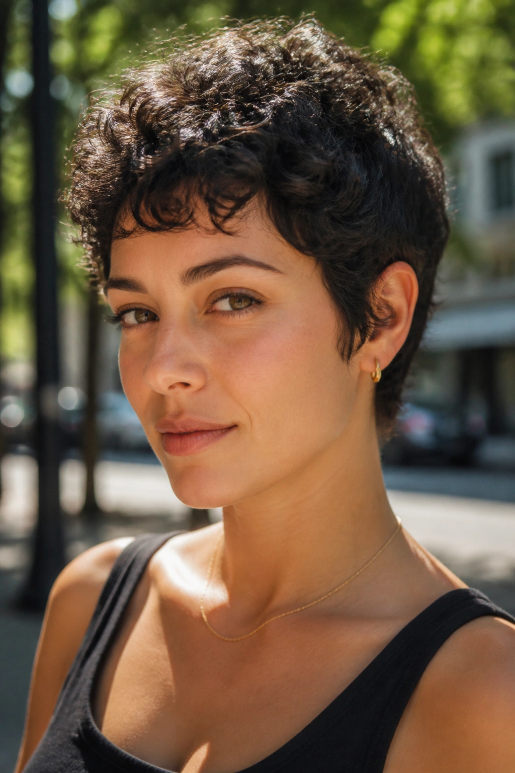 Close-up of a real person with a grown-out curly pixie showing softened length.