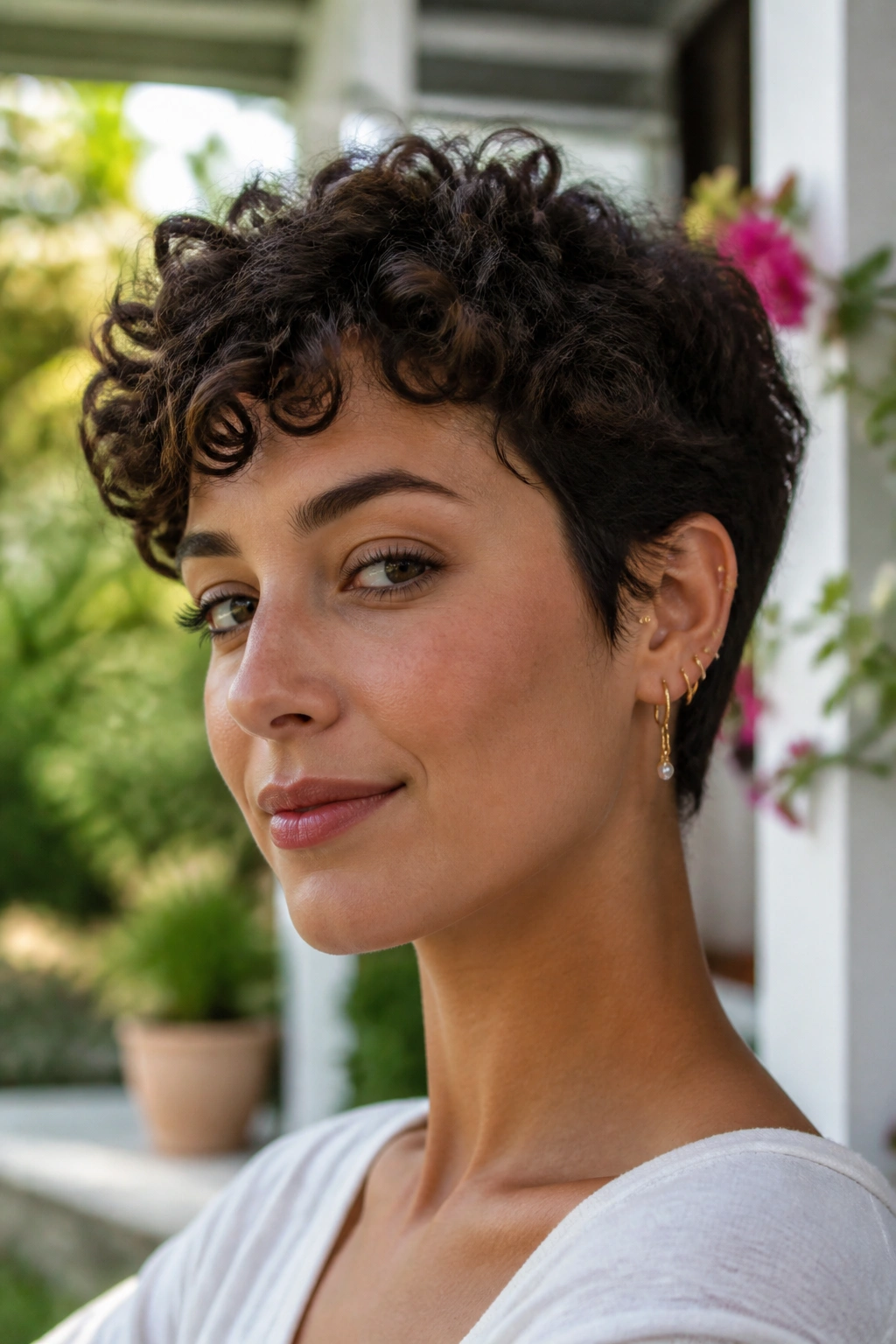 Real person with a grown-out curly pixie staying cute between cuts.