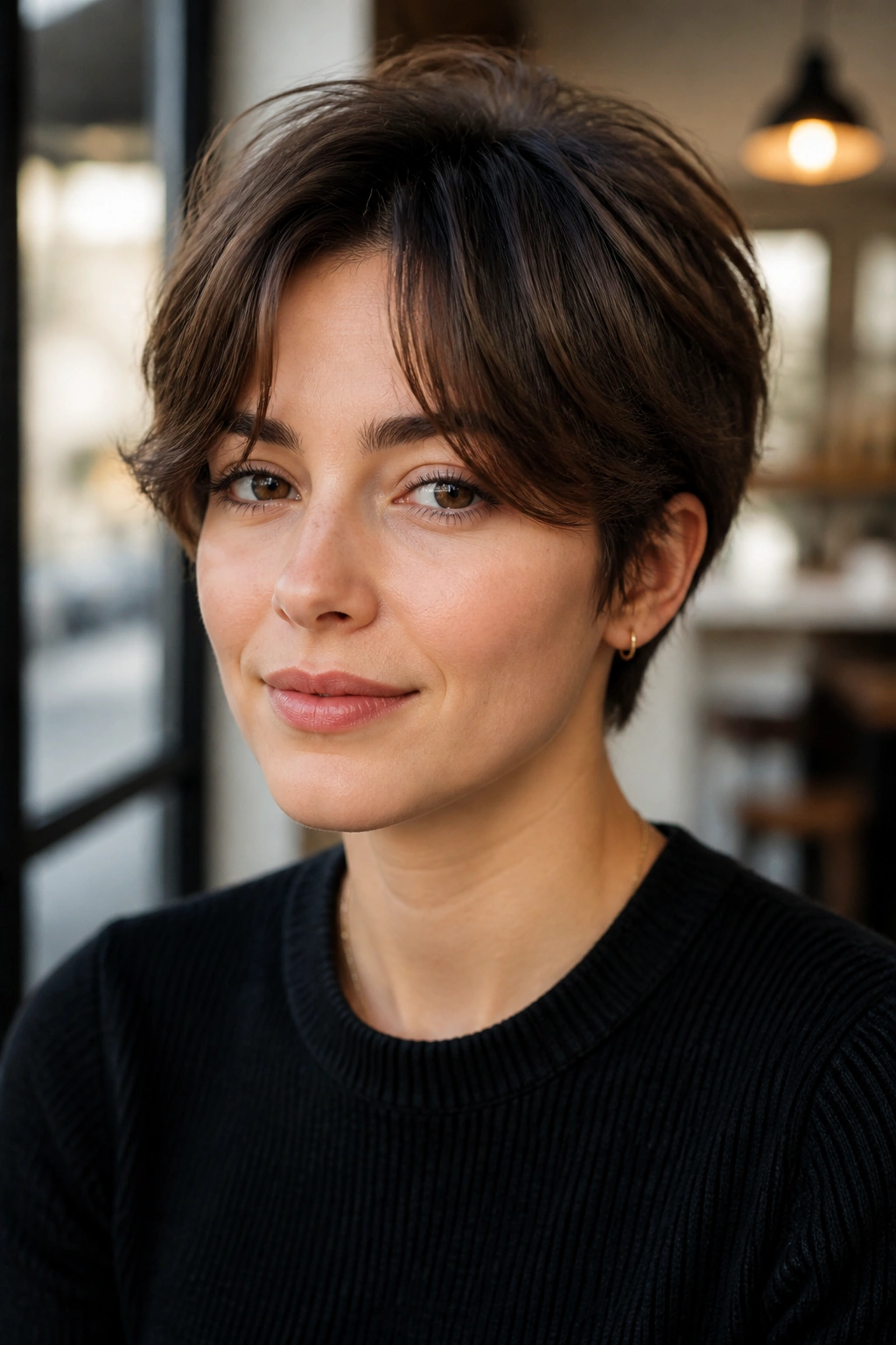 Close-up portrait of a real woman with curtain fringe grown-out pixie