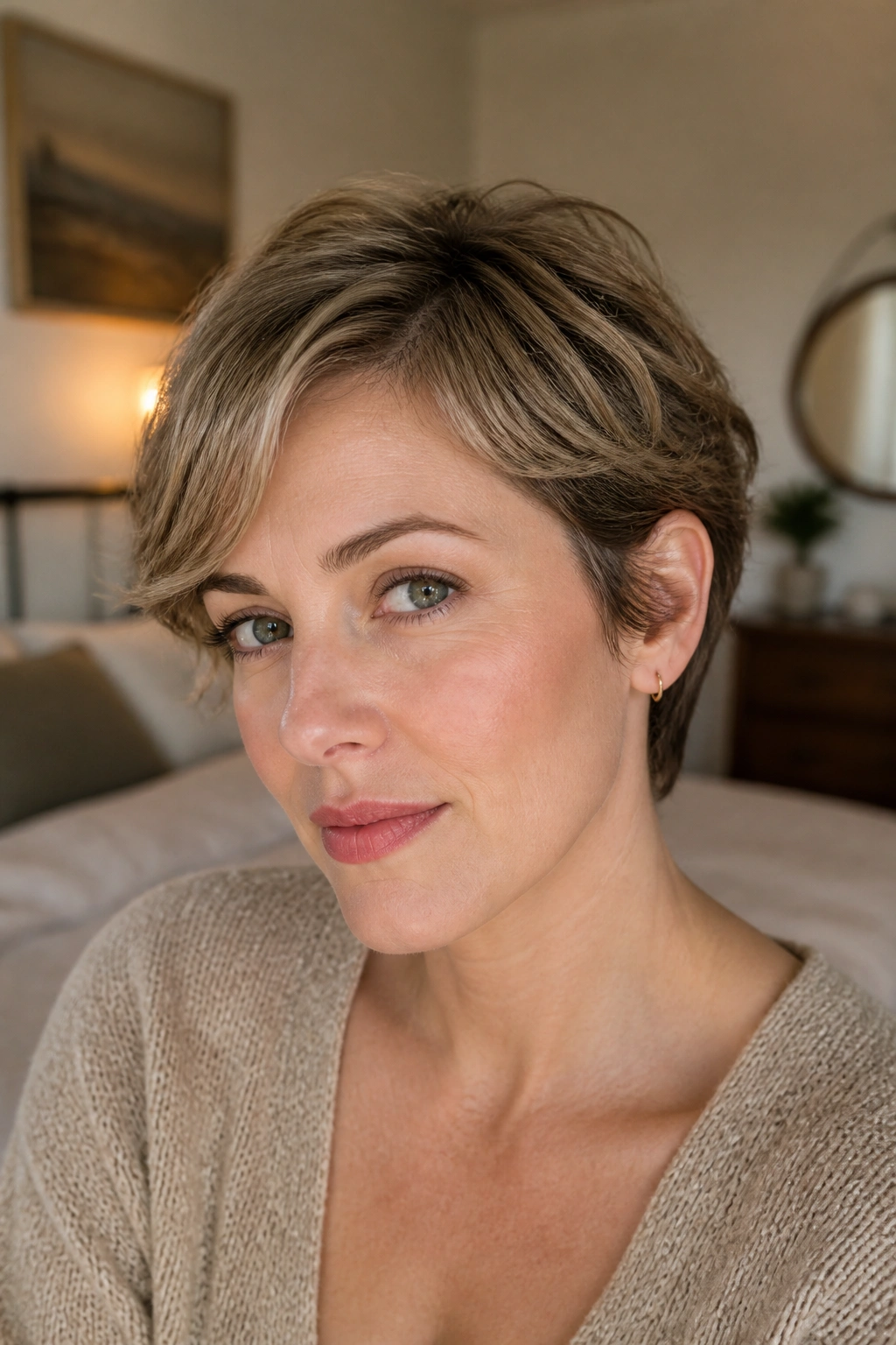 Close-up portrait of a real woman with a grown-out pixie around the ears.
