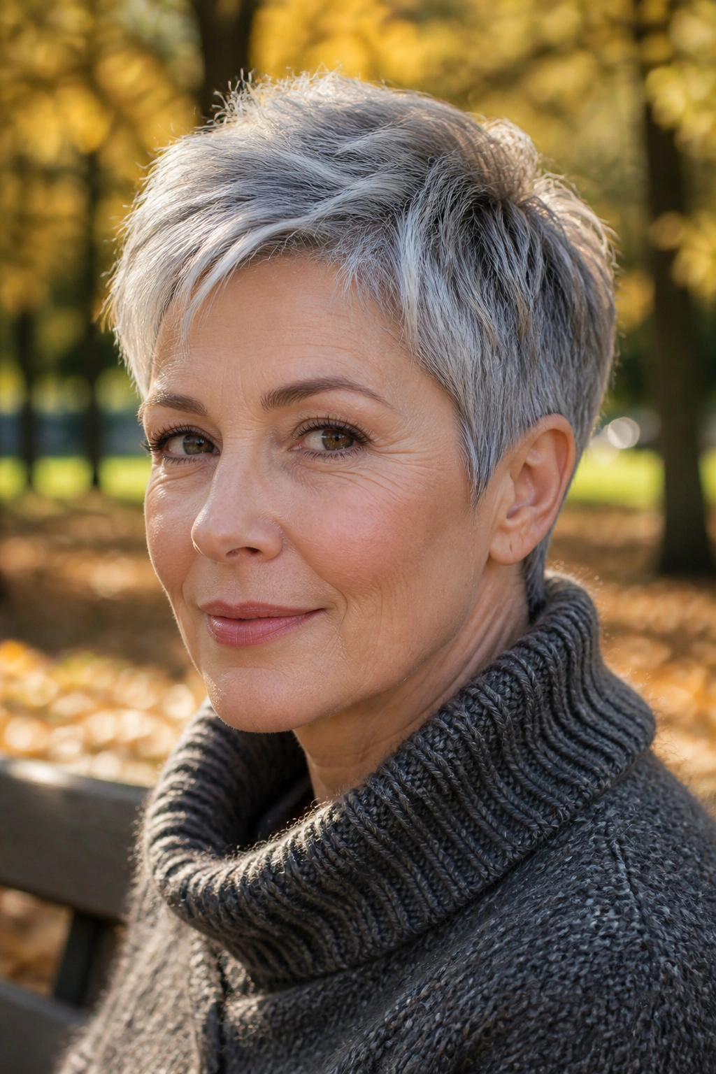 Real woman with a grown-out pixie looking intentional.