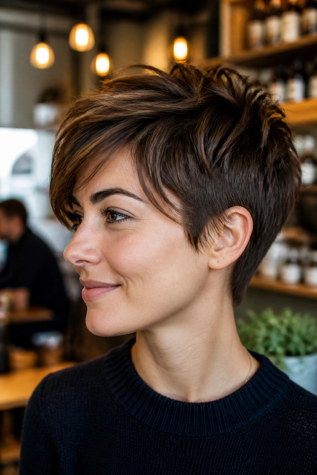 Close-up of real person with grown-out pixie showing longer front and clean perimeter