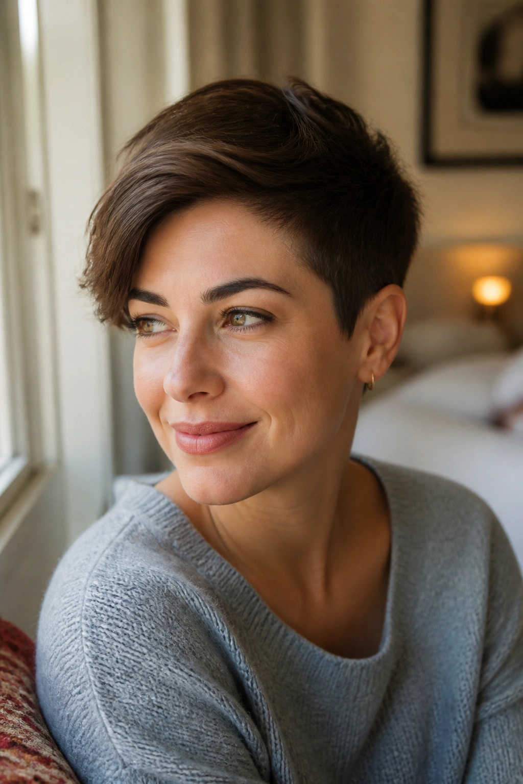 Close-up portrait of a real woman with a grown-out pixie haircut, top longer and swept to the side, in warm natural light.