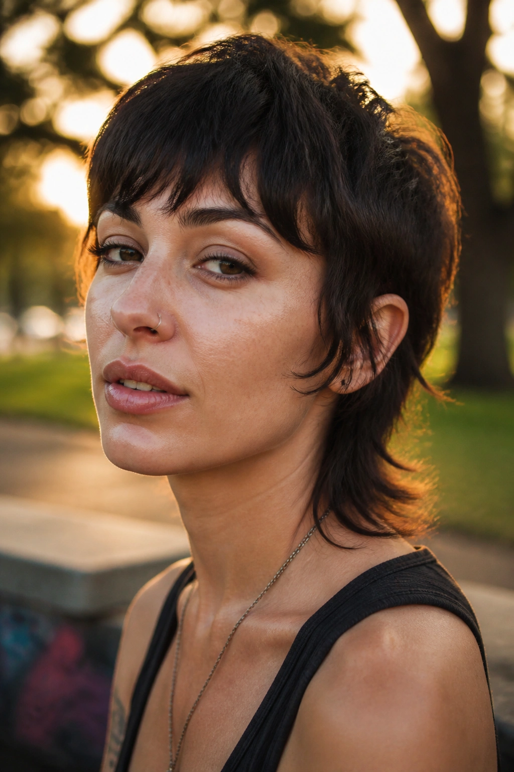 Close-up portrait of a real person with Grown-Out Pixie Mullet showing relaxed silhouette and longer fringe.
