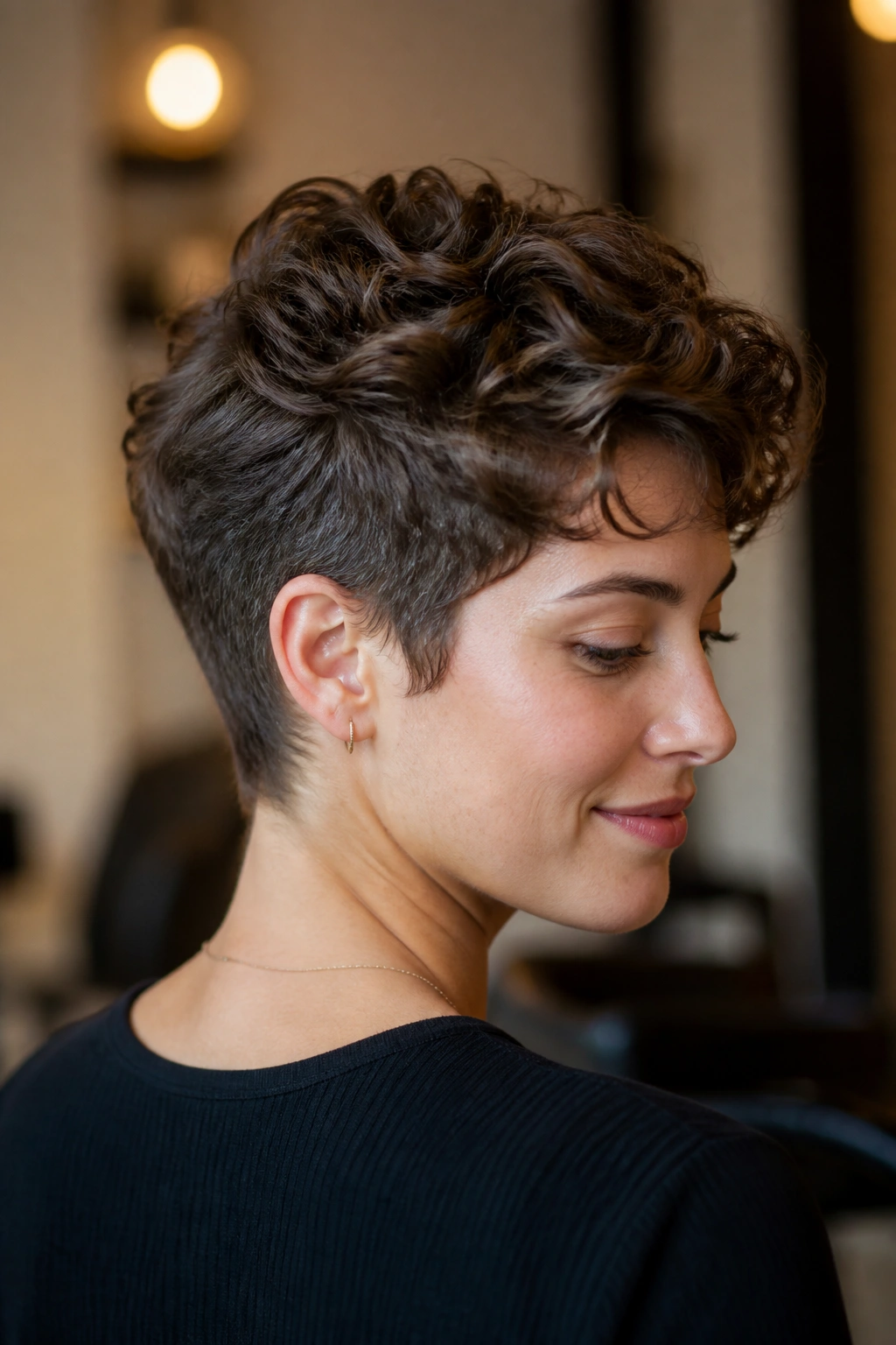 Close-up of a real person with a Grown-Out Pixie and tapered nape