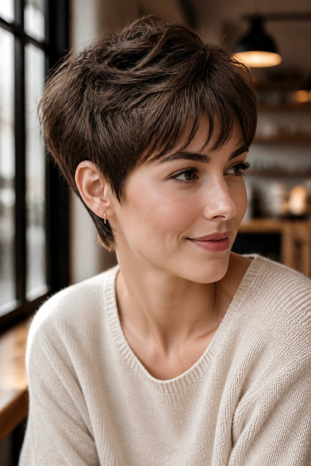 Close-up of a real woman with a grown-out pixie under cafe light.