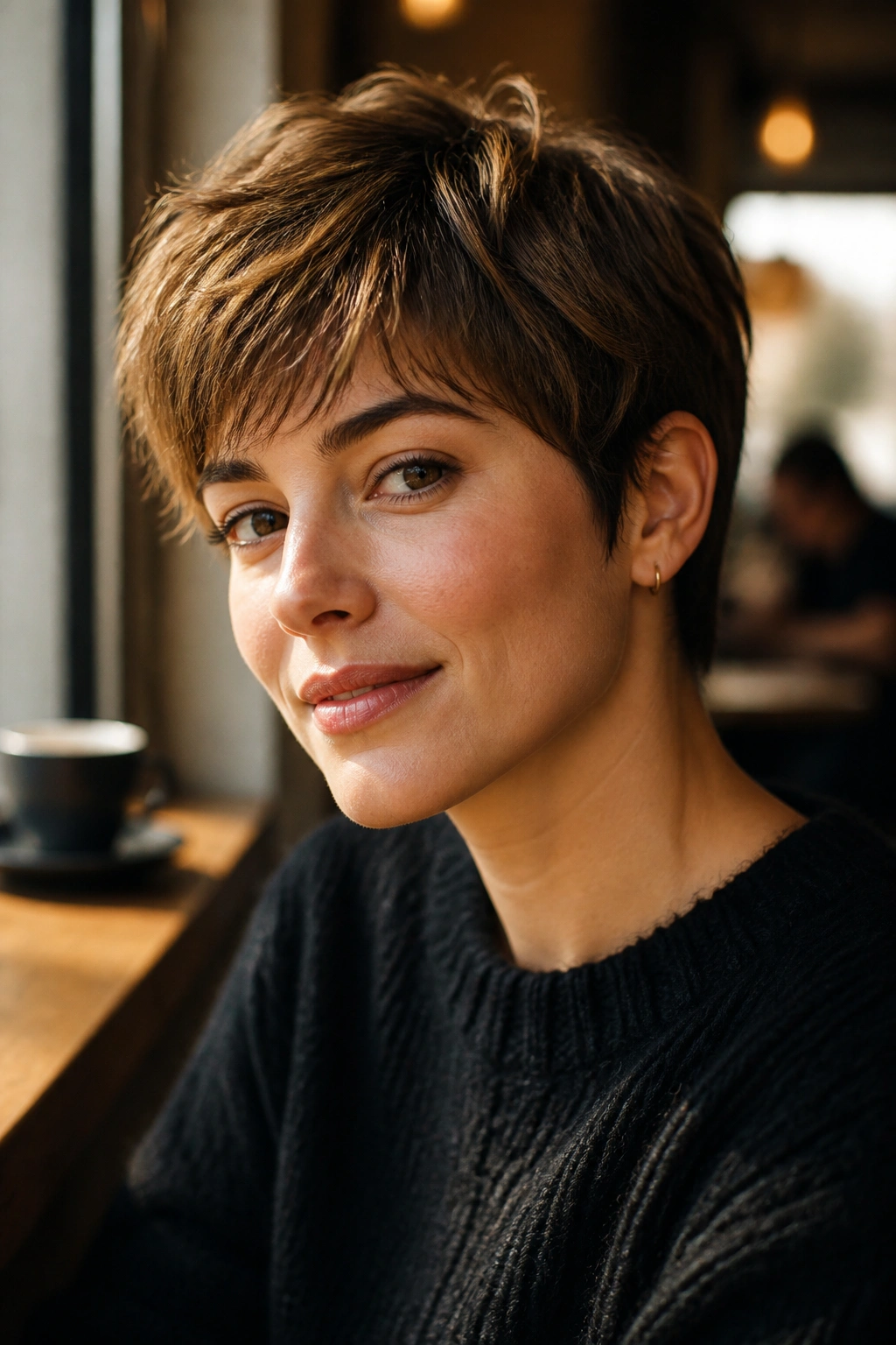 Close-up portrait of a person with a grown-out pixie hairstyle and tidy neckline.