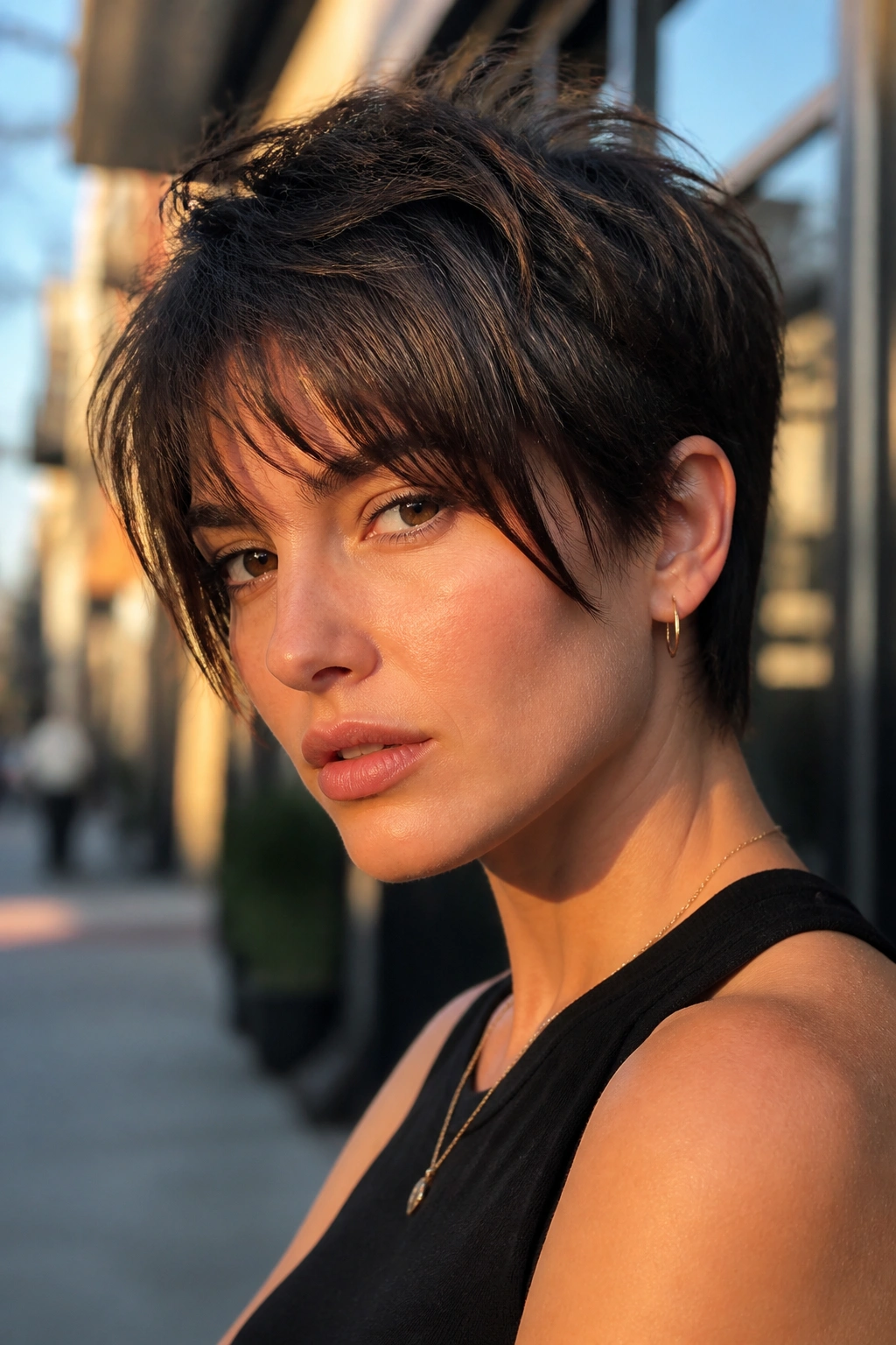 Close-up of a real woman with a Grown-Out Rebel Pixie featuring a softened top and cheek-grazing fringe