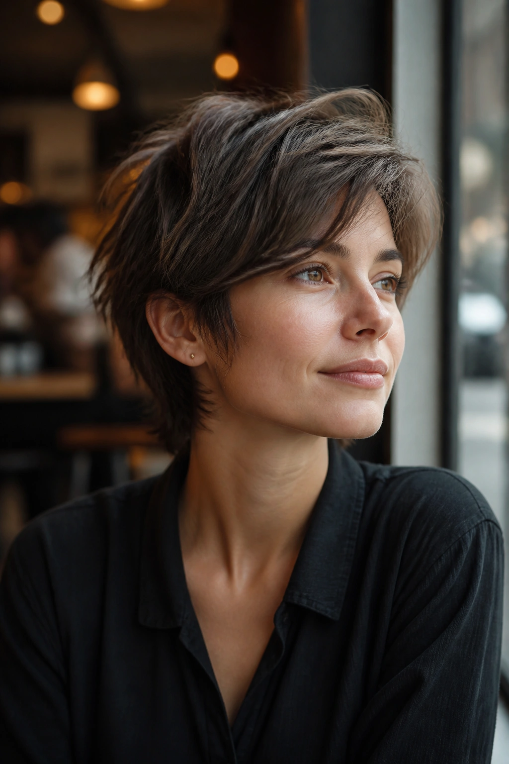 Close-up portrait of a real person with a grown-out pixie shag haircut in a cafe window setting