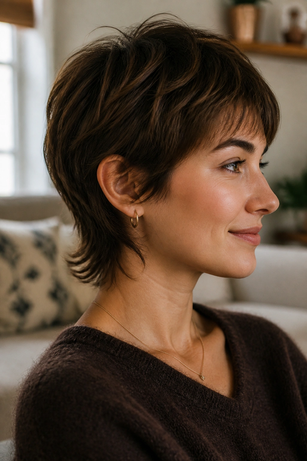 Close-up portrait of a real person with grown-out pixie and shaggy neck length