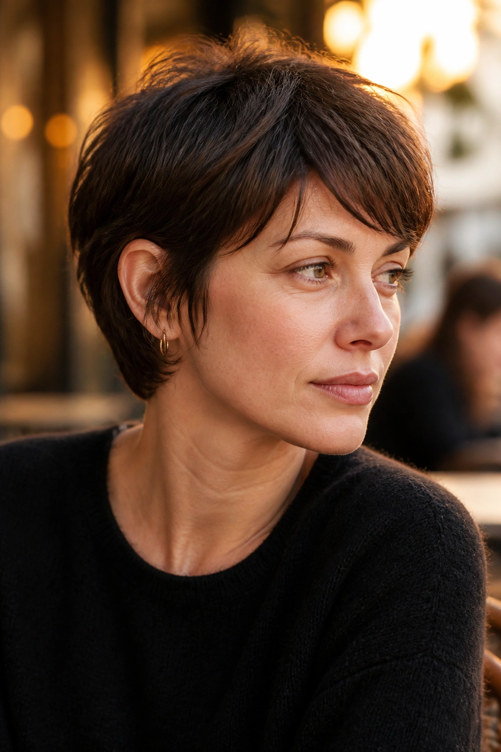 Close-up of a real woman with a grown-out pixie and soft ear pieces.