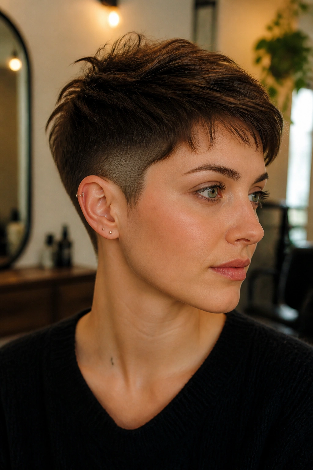 Close-up of a real person with a grown-out pixie and soft edge in a cozy salon